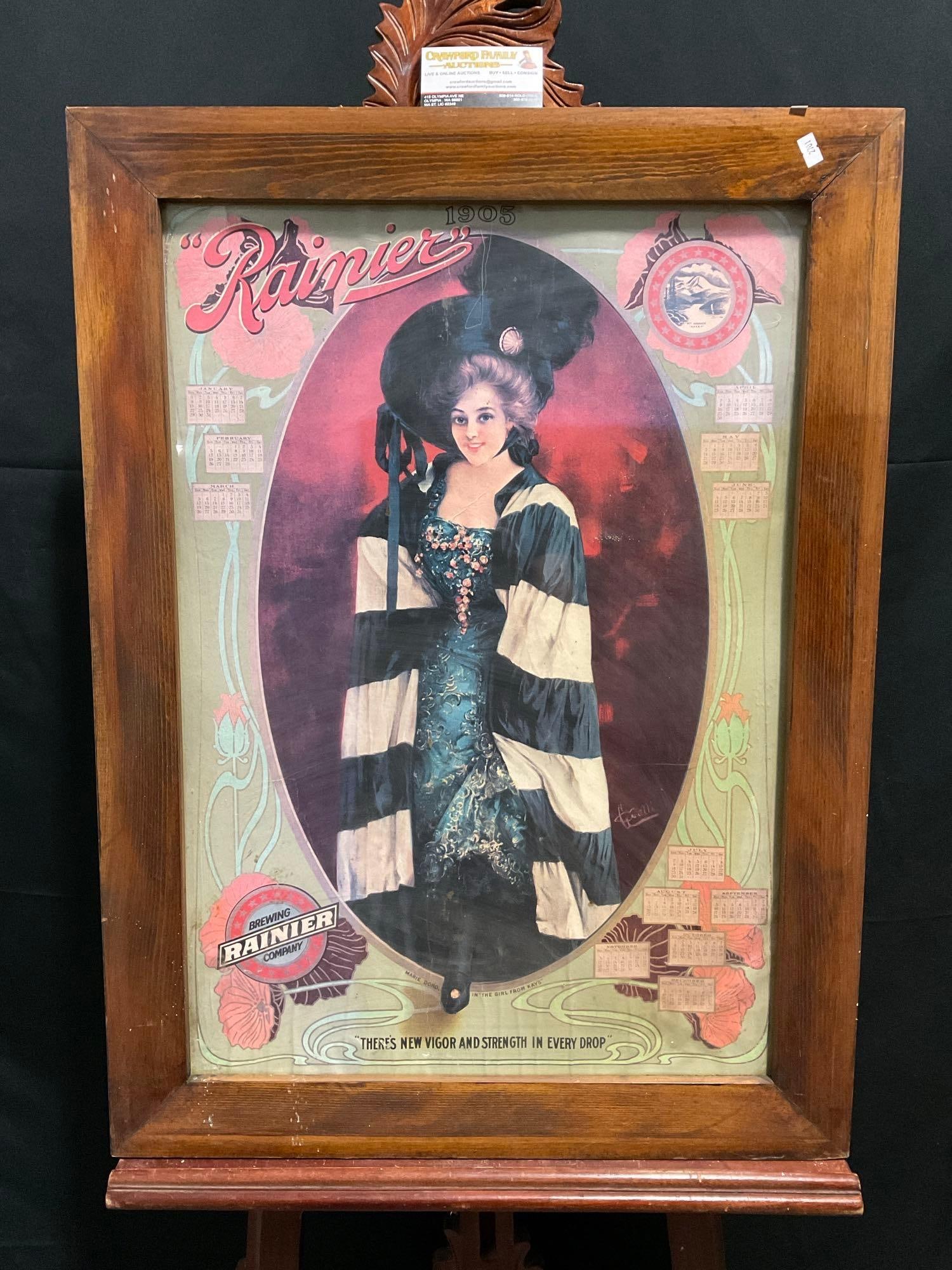 Framed Antique 1905 Seattle Rainier Brewing Co. Calendar Poster w/ Art Nouveau Poppies. See pics. (1 of 10)