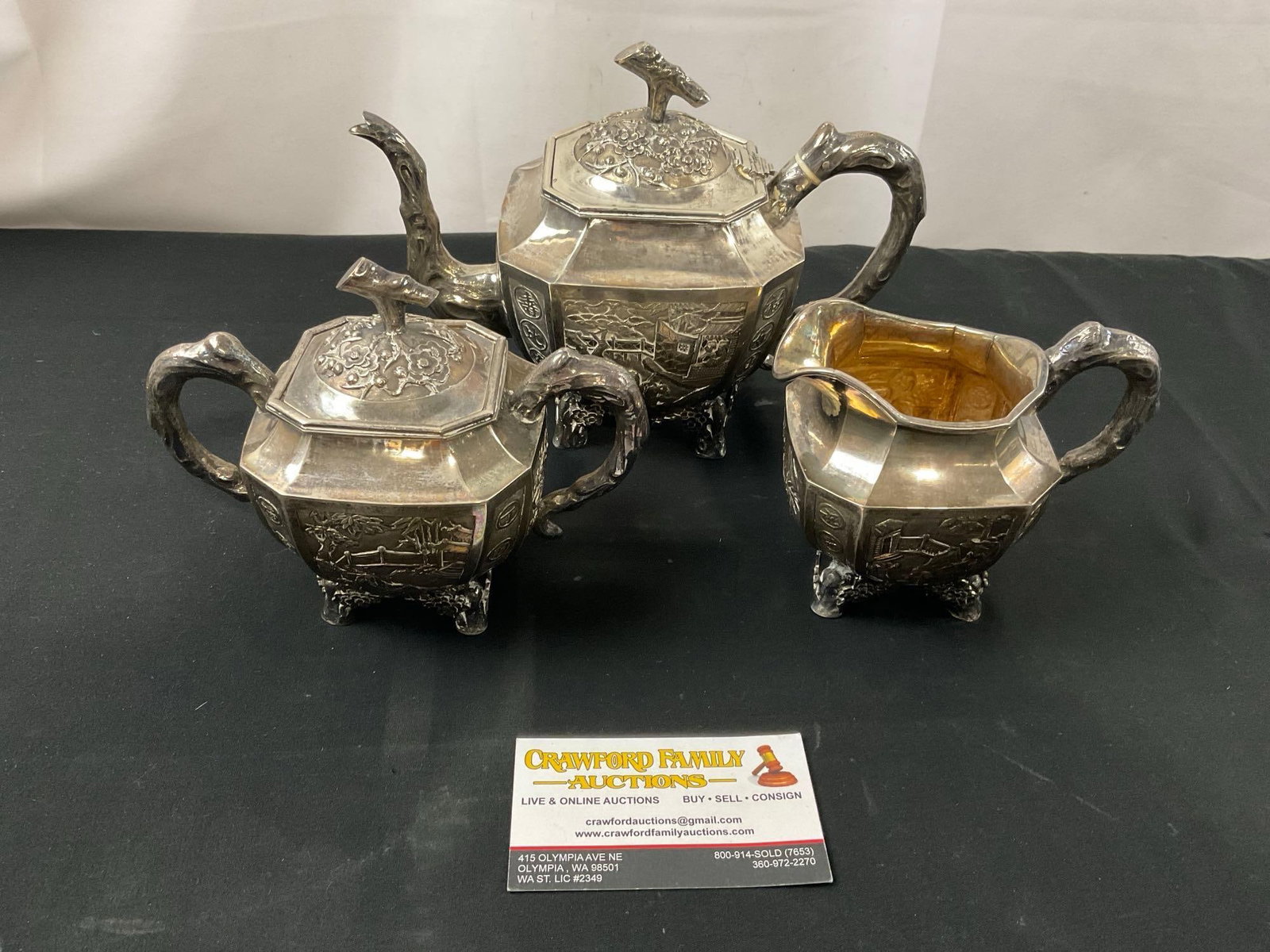 Vintage Ornately Engraved Silver Plated Chinese Teapot, Sugar & Creamer (1 of 4)