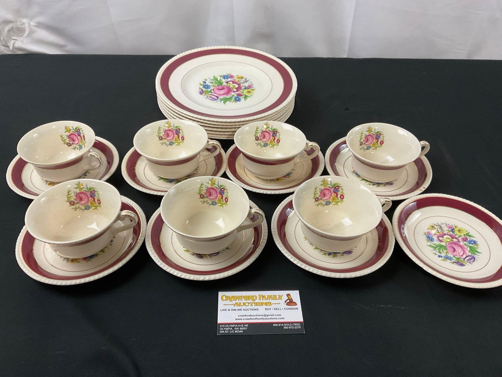 Vintage Fondeville Ambassador Ware England China Maroon Stripe, 22 pcs, 7 plates, 8 saucers, 7 cups (1 of 4)