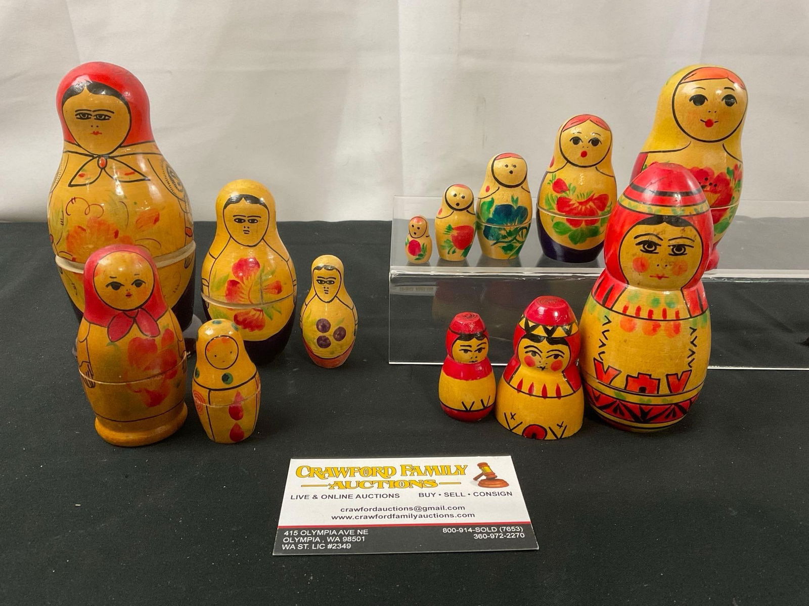 4x Yellow & Red Russian/USSR Matryoshka Nesting Dolls, Sets of 2x 3, partial set of 2, & a set of 5 (1 of 3)