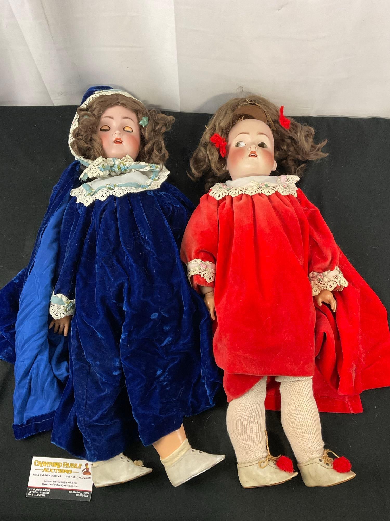 Pair of Porcelain K&W Dolls, Made in Germany, 24 inches tall, Blue & Red Dresses (1 of 8)
