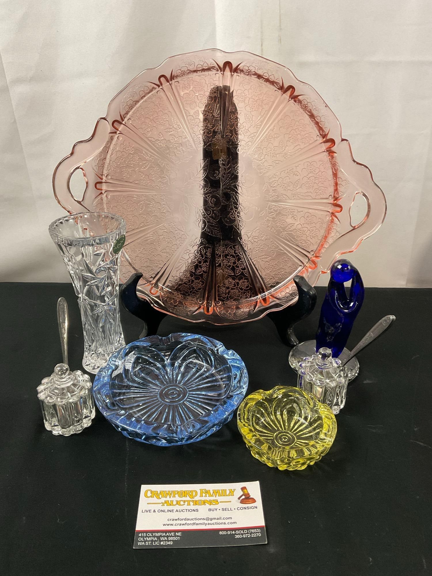 Lenox Bud Vase, Pink Depression Glass Handled Plate, Pair of Cambridge Ashtrays, Crystal Lidded P... (1 of 5)