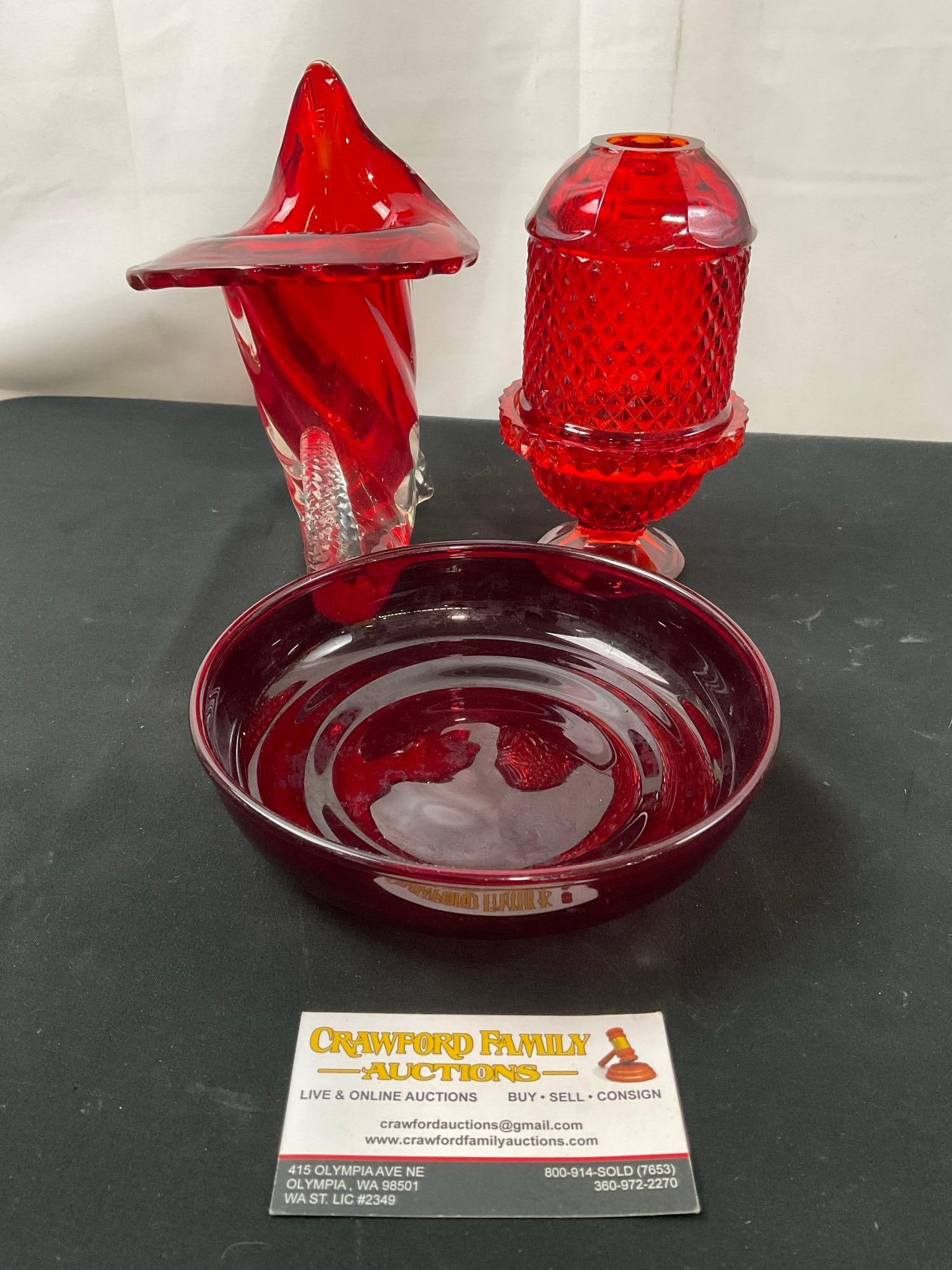 Vintage Red Murano Blown Glass Cornucopia, Ruby Red Bowl & Viking Glass Candle Holder Lamp (1 of 3)