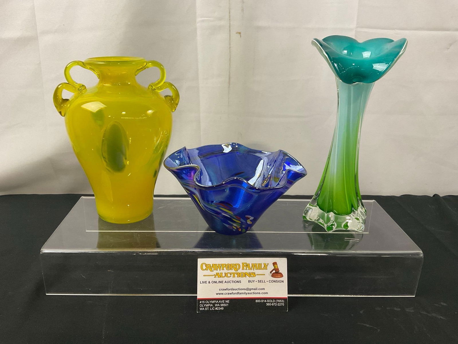 Hand Blown Art Glass, Murano Blue/Green Bud Vase, Mancioli 4 Handled Yellow Vase & Blue Dish (1 of 6)