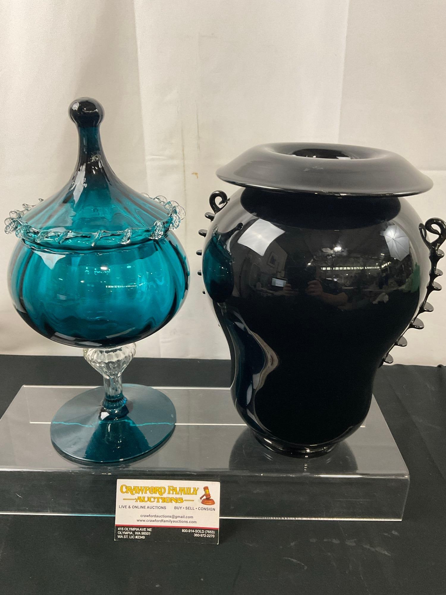 Pair of Art Glass Pieces, Empoli (?) Footed Candy Jar & Black Glass Decorative Vase w/ Folded Rim (1 of 6)