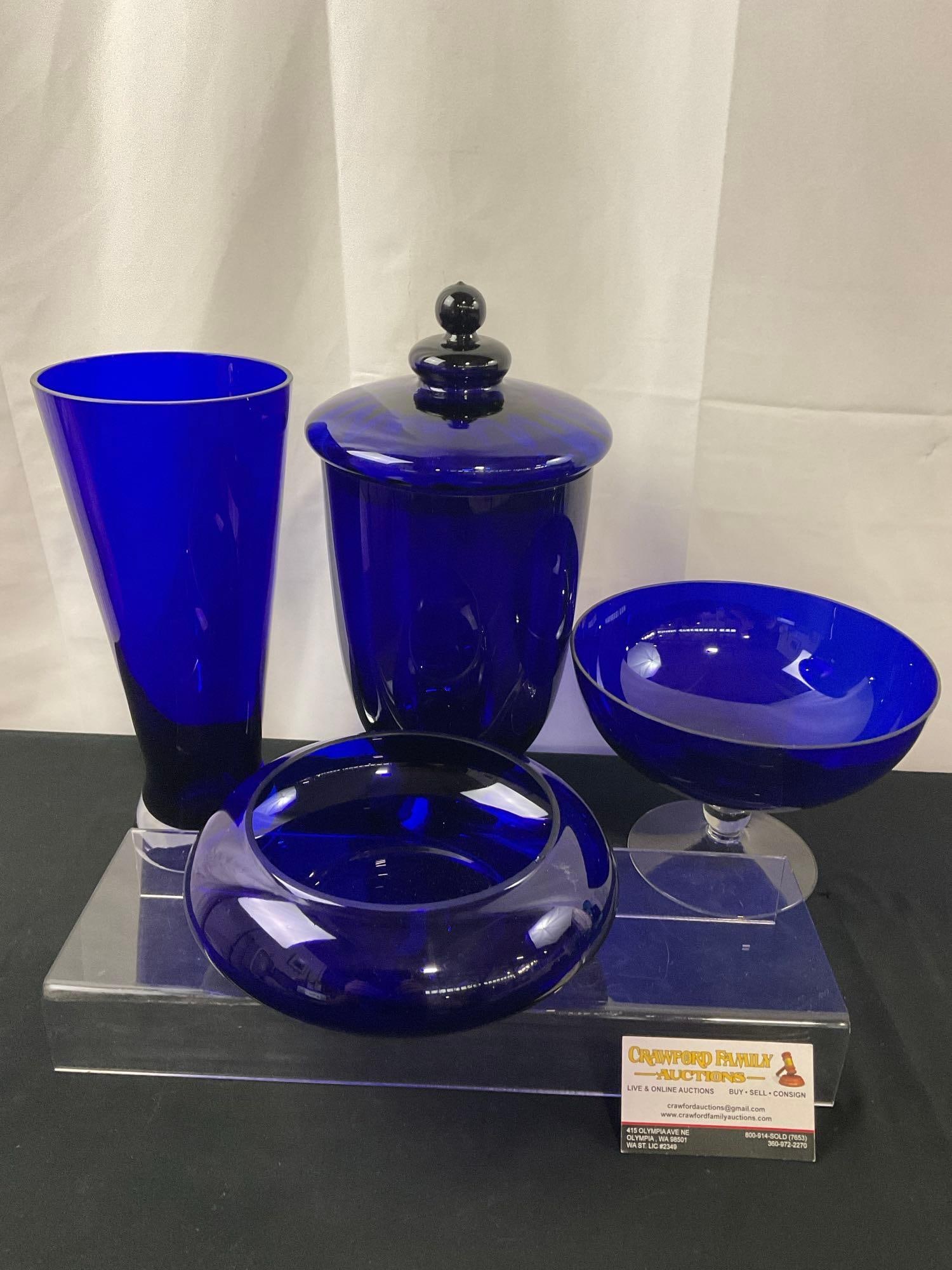 4 Vintage Cobalt Art Glass Pieces, Fluted Vase, Footed Urn, Footed Dish & Bowl: Appears to be in good shape. The left vase measures approx 12 inches tall. See pics. E-2701
