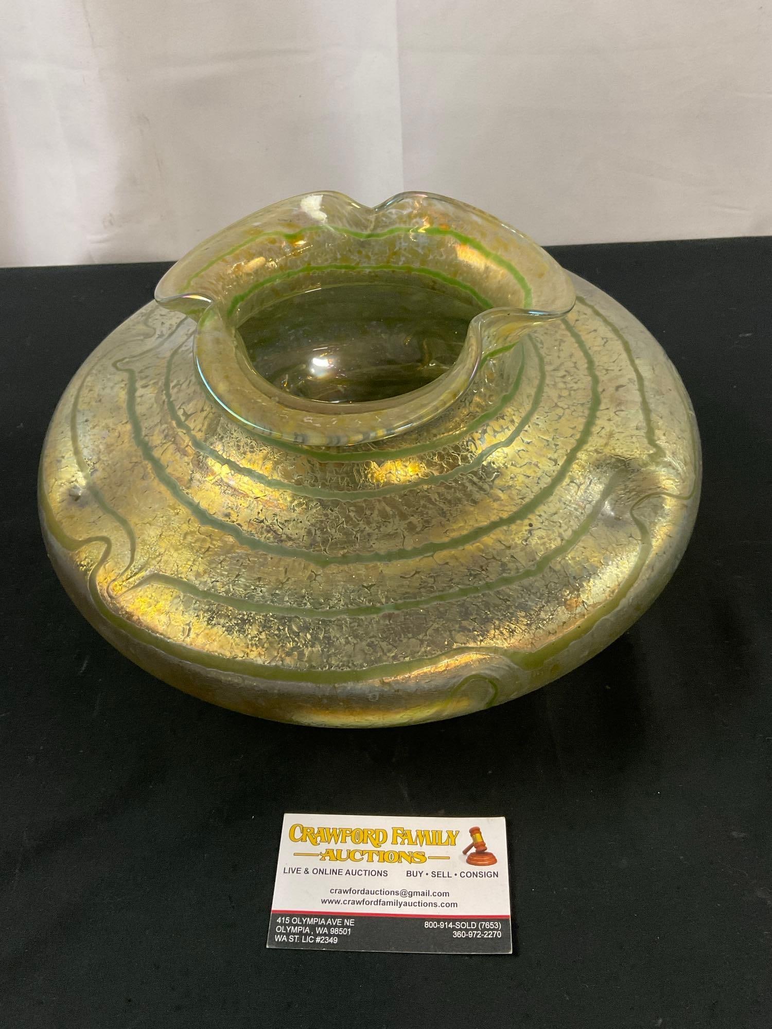 Antique Early 1900s Otto Thamm Fritz for Heckert Art Glass Vase, Green Stripes on Gold Shiny Body: The design is very similar to a piece designed by Otto Thamm and Fritz Heckert, no markings to confirm. Three dimples around the top, and frilled top. Piece has a polished pontil. Art glass vase, irid