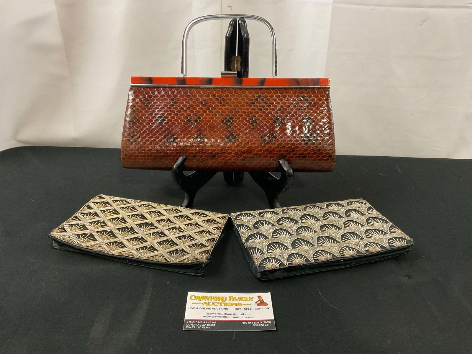Vintage Orange/Black Anaconda Snake Skin Clutch Handbag w/ Lucite Panels & two Indian Cloth Purses (1 of 10)