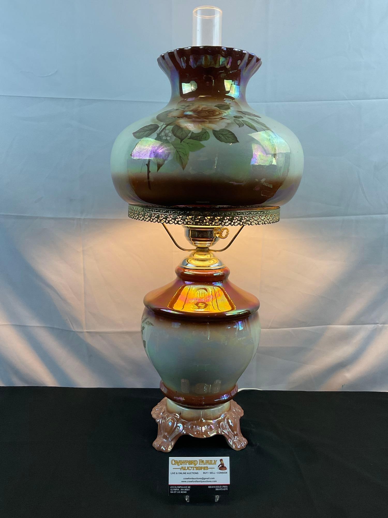Vintage Brown & Cream Gone With the Wind Hurricane Lamp w/ Hand Painted Roses. Tested, Works. See (1 of 9)
