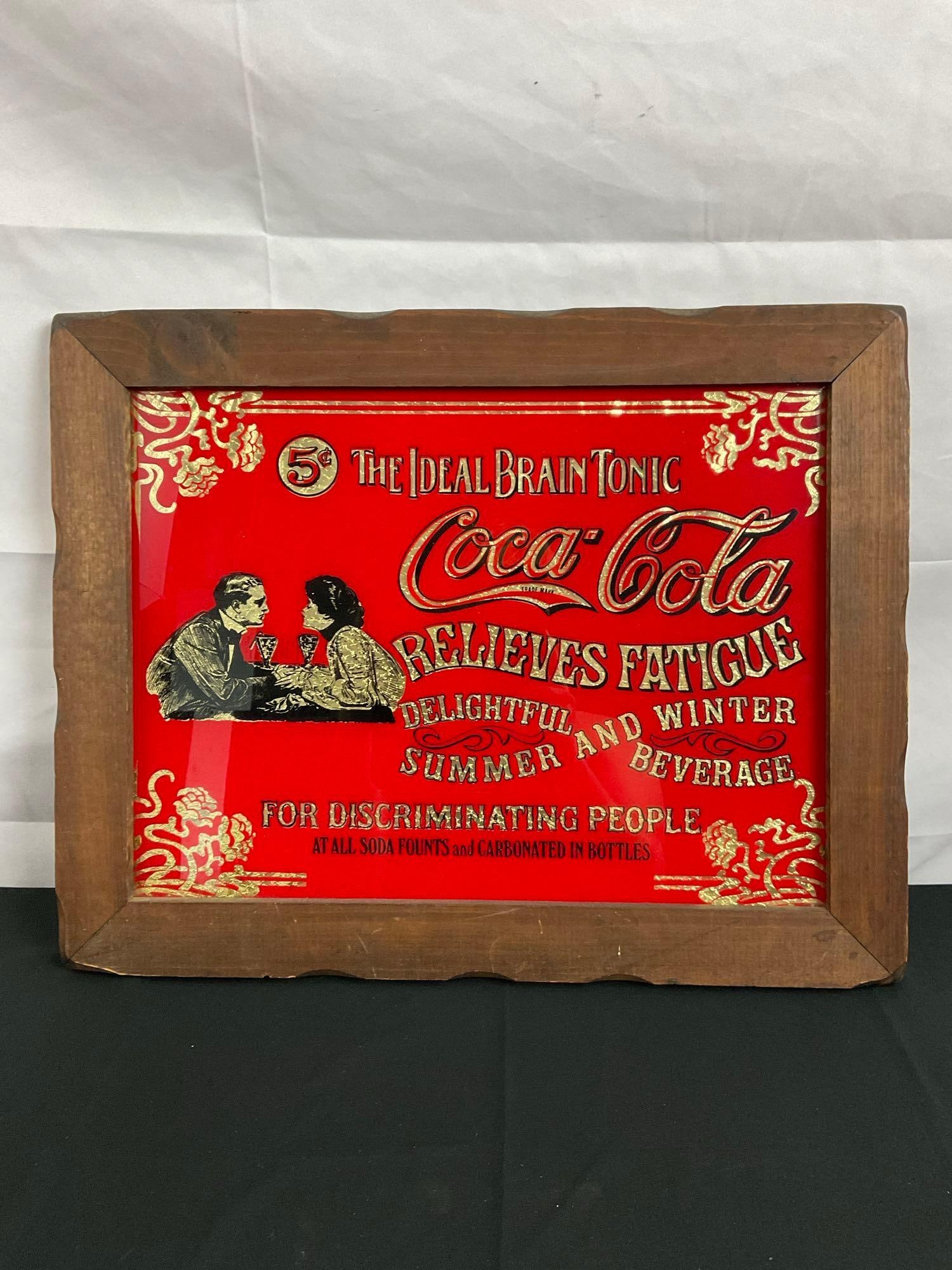Vintage Coke Ad Art Piece in wood frame "The Ideal Brain Tonic" Foil motif w/ red - See pics (1 of 5)
