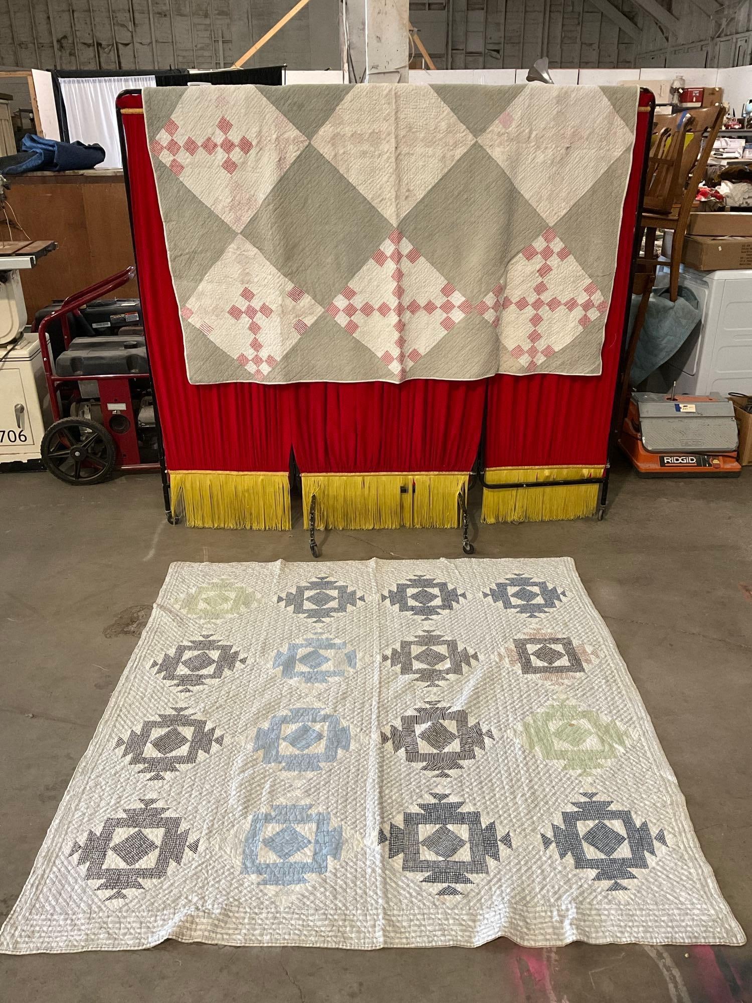 2 pcs Vintage Handmade Patchwork Quilts. Pale Blue Stripes & Sage Green Checkerboard. See pics. (1 of 9)