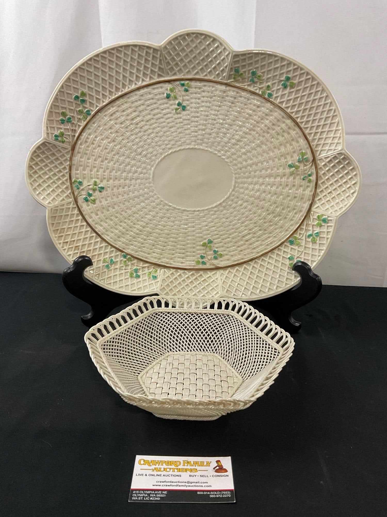 Belleek Hexagon 4 Strand Woven Porcelain Basket & Unmarked Belleek Serving Platter w/ Clover Design (1 of 6)