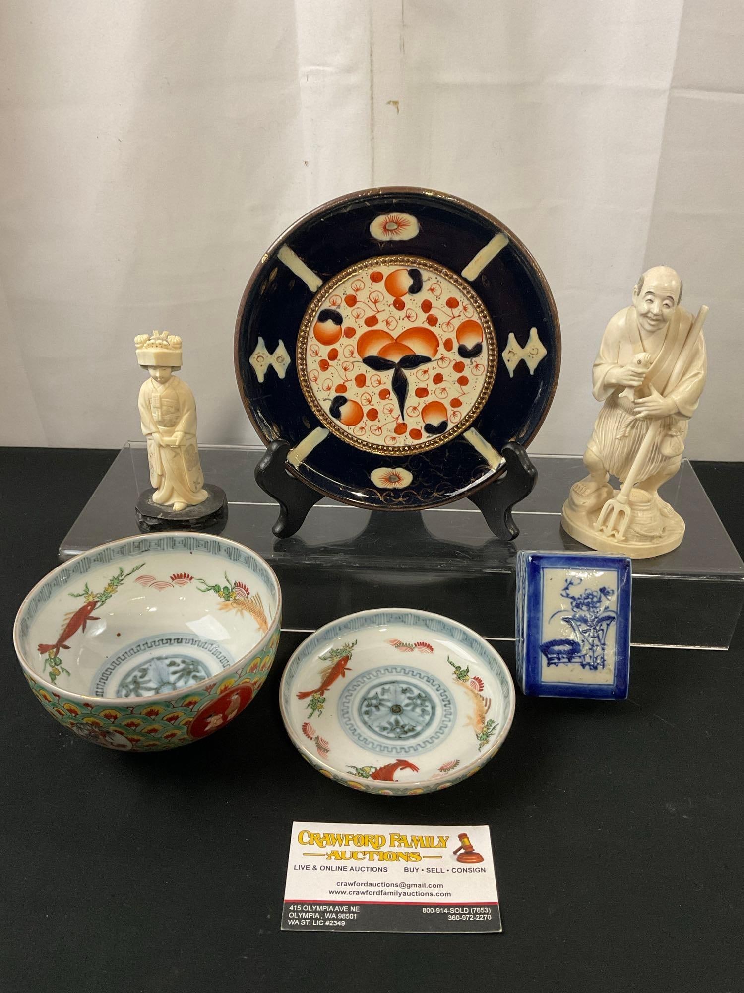Antique Celadon Bowl & Saucer, Imari Style Cobalt & Orange Signed Clay Plate, 2x Soapstone Statues: The plate seems to be signed something like Wingard, seems to measure approx 7 inches wide. Appears to be in good shape. See pics. E-2685