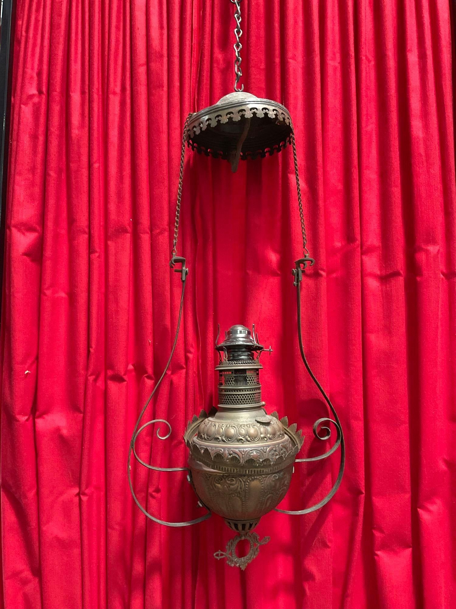 Antique Victorian Ornate Embossed Brass Hanging Kerosene Oil Lamp w/ Updated Burner. See pics. (1 of 10)