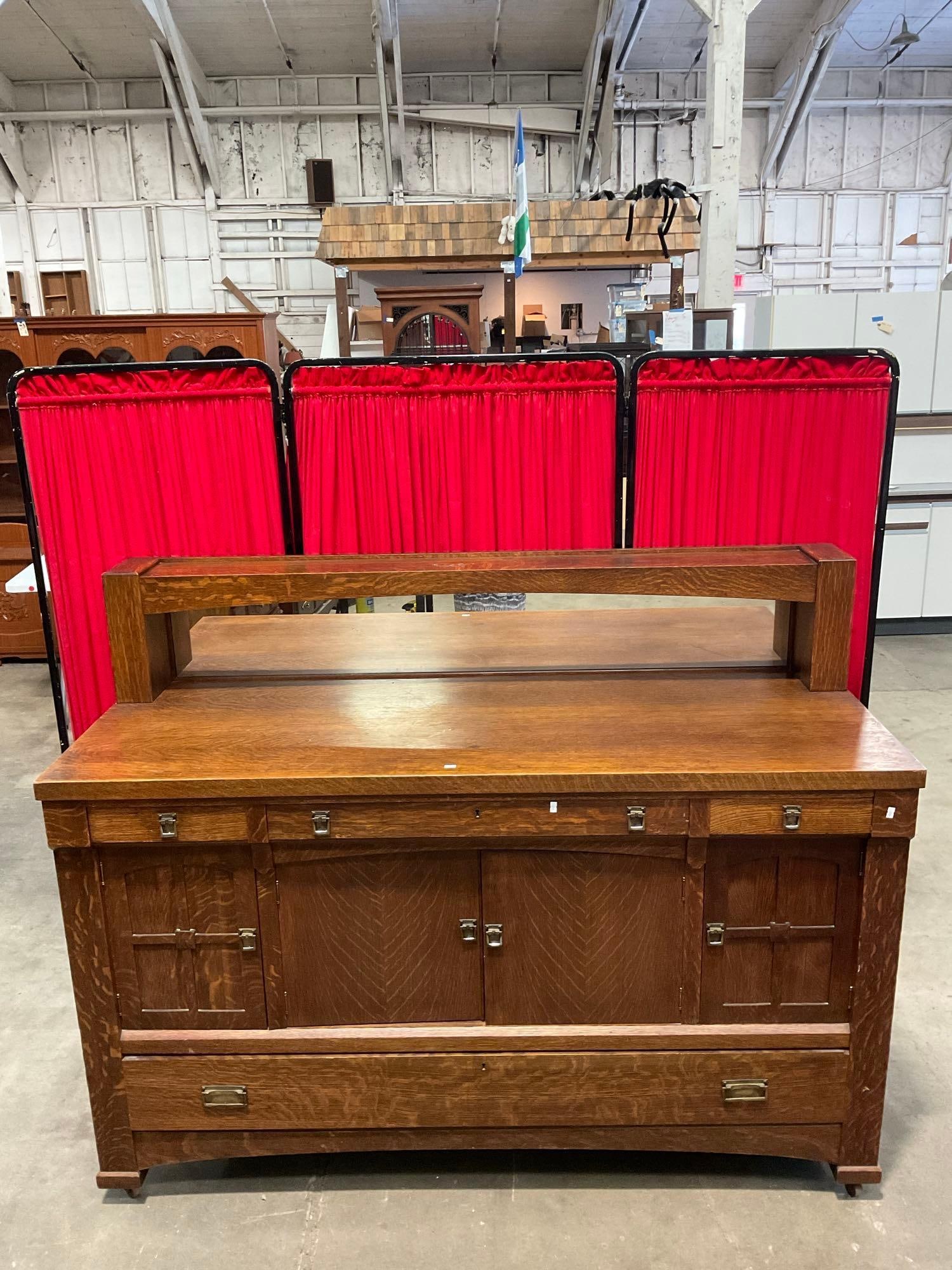 Antique Arts & Crafts Style Tiger Oak Buffet Side Server w/ Inlaid Mirror, 4 Drawers & Cupboard. ... (1 of 13)