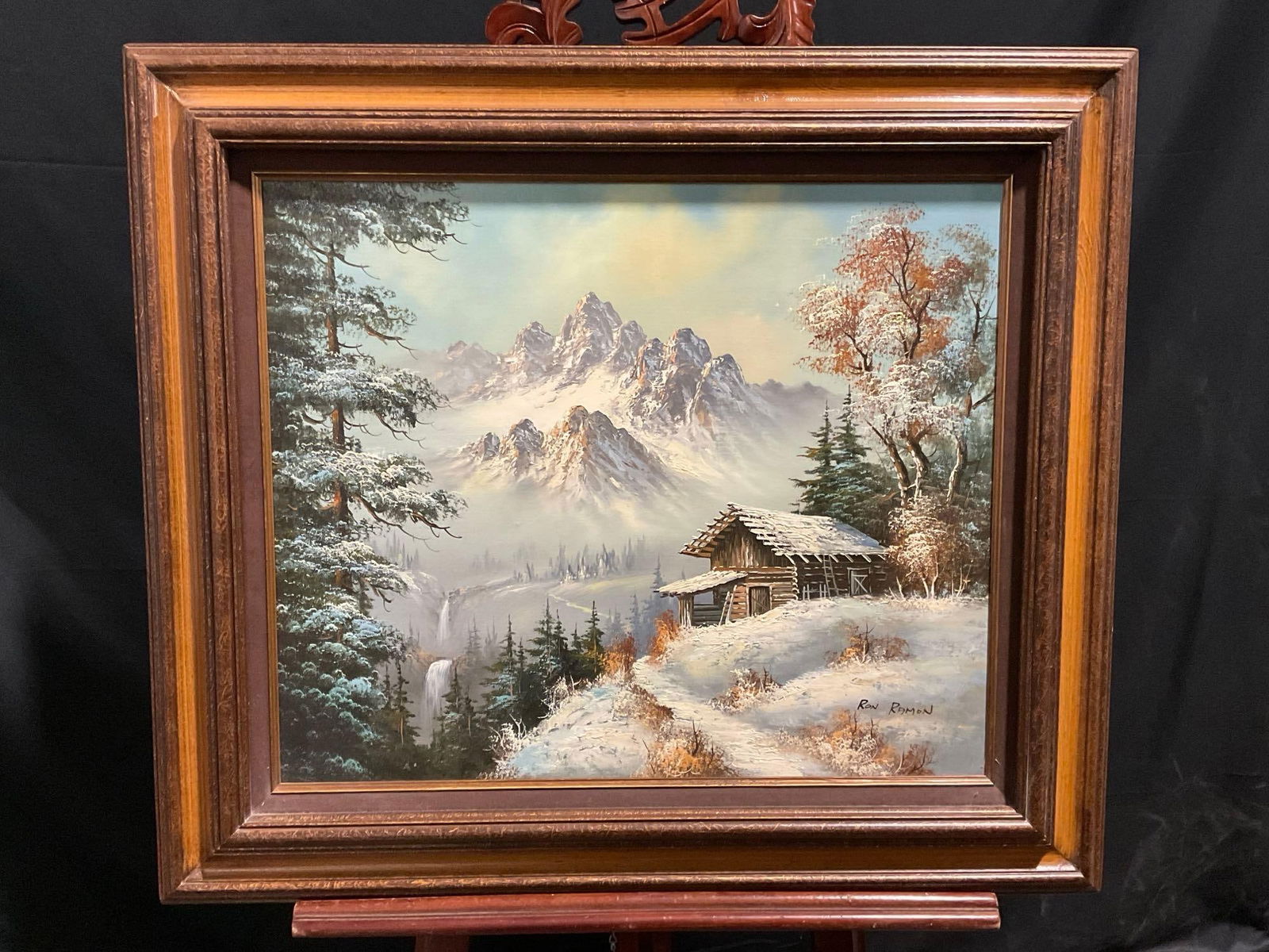 Framed Oil on Canvas, Winter Mountain Cabin Scene by Ron Ramon (1 of 5)