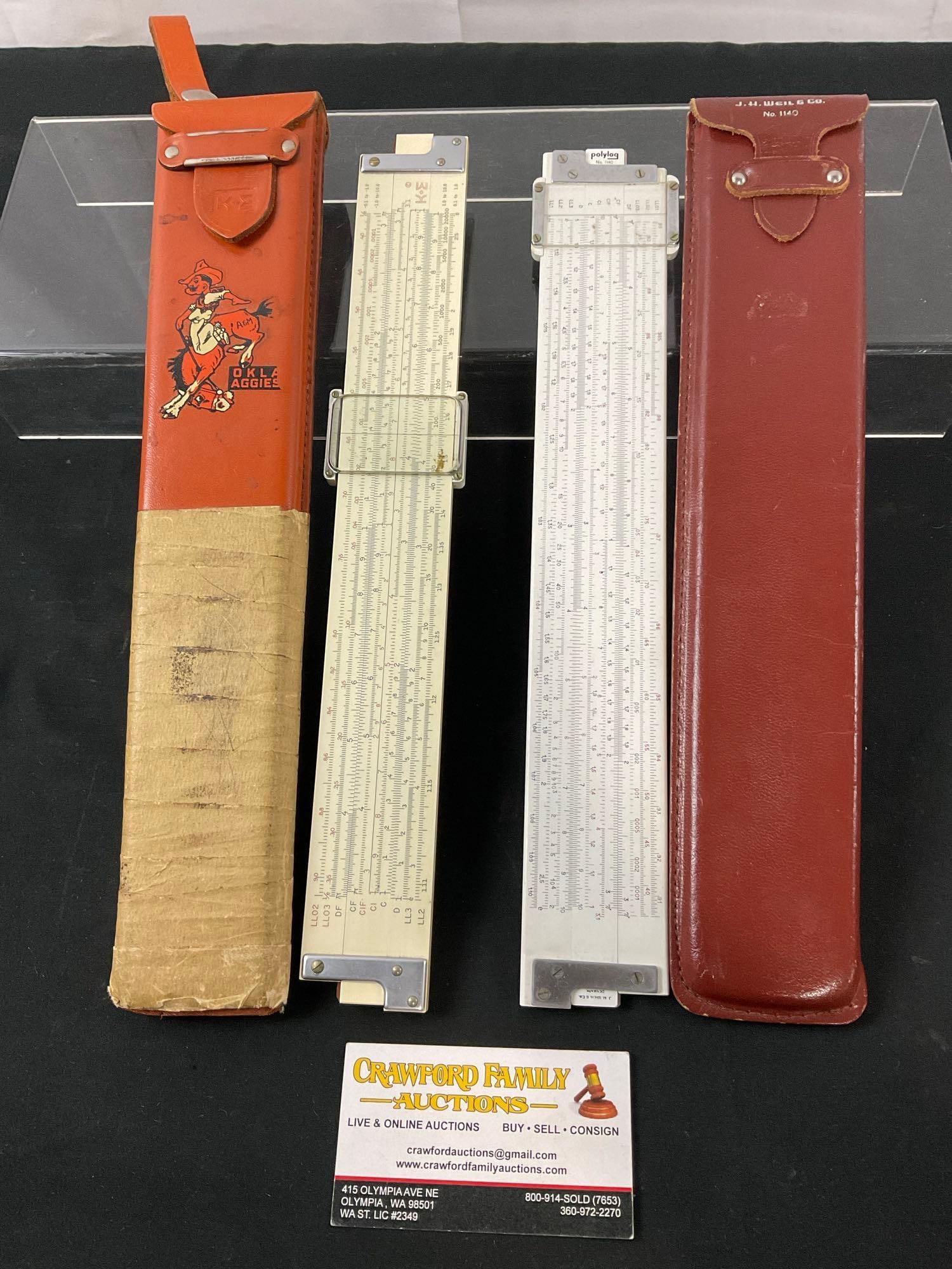 Pair of Slide Rules w/ Leather Cases, Polylog no. 1140 & K&E, 1x Oklahoma (1 of 4)