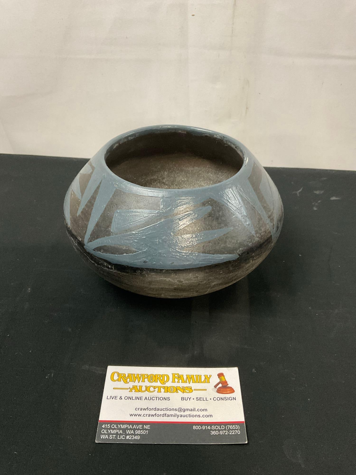 Vintage 1960s Pueblo Artist Maria Martinez Pottery Bowl, Blue & Gunmetal Gray (1 of 4)