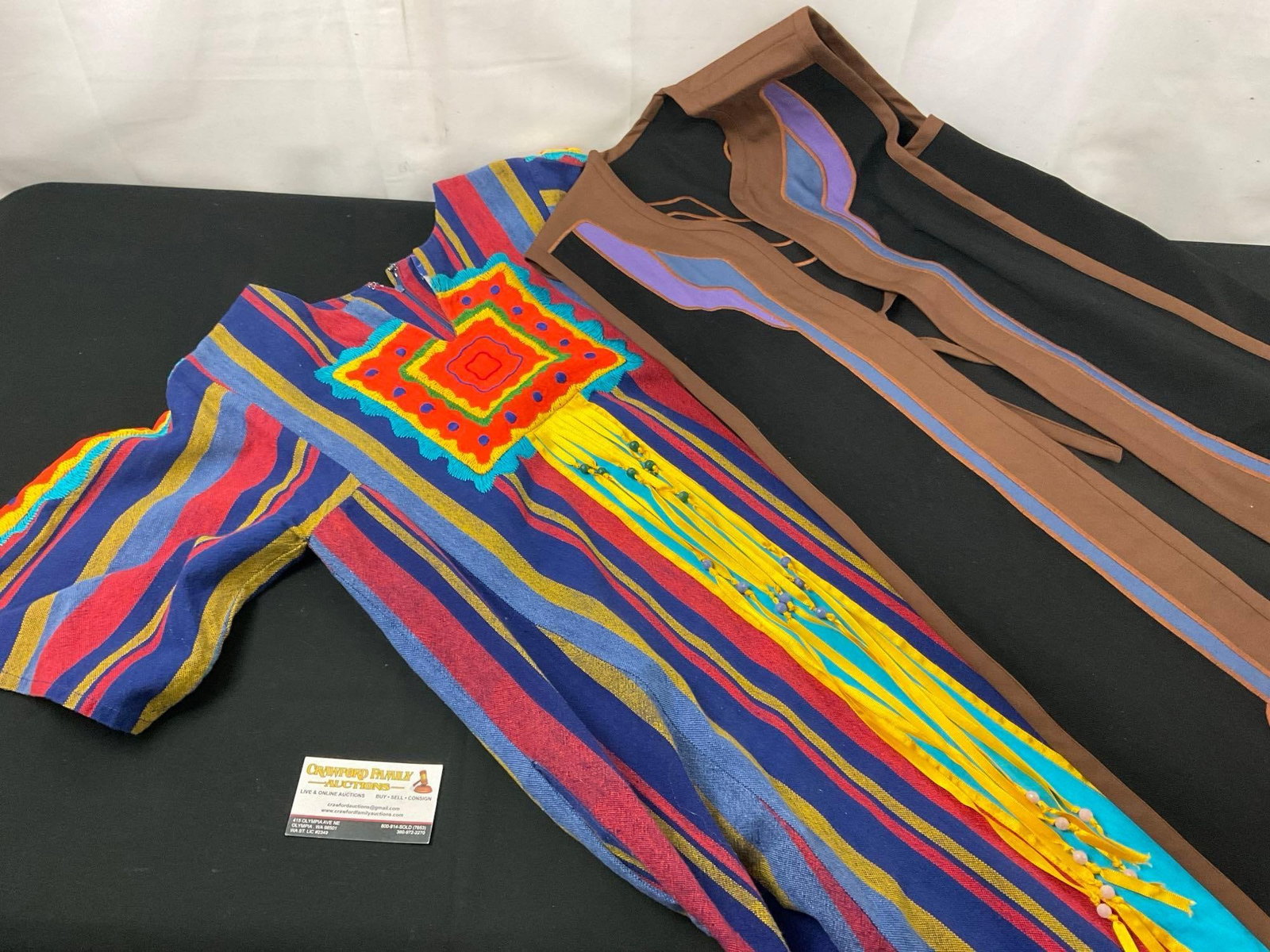 Pair of Handmade Mexican Garments, Long Vest Brown/Purple & Multicolor piece with zip on back: Appears to be in great shape. Measures approx 43 inches long, 14 inches from seam to seam and the other measures 46 inches long, about 15 inches from seam to seam. See pics. E-2720