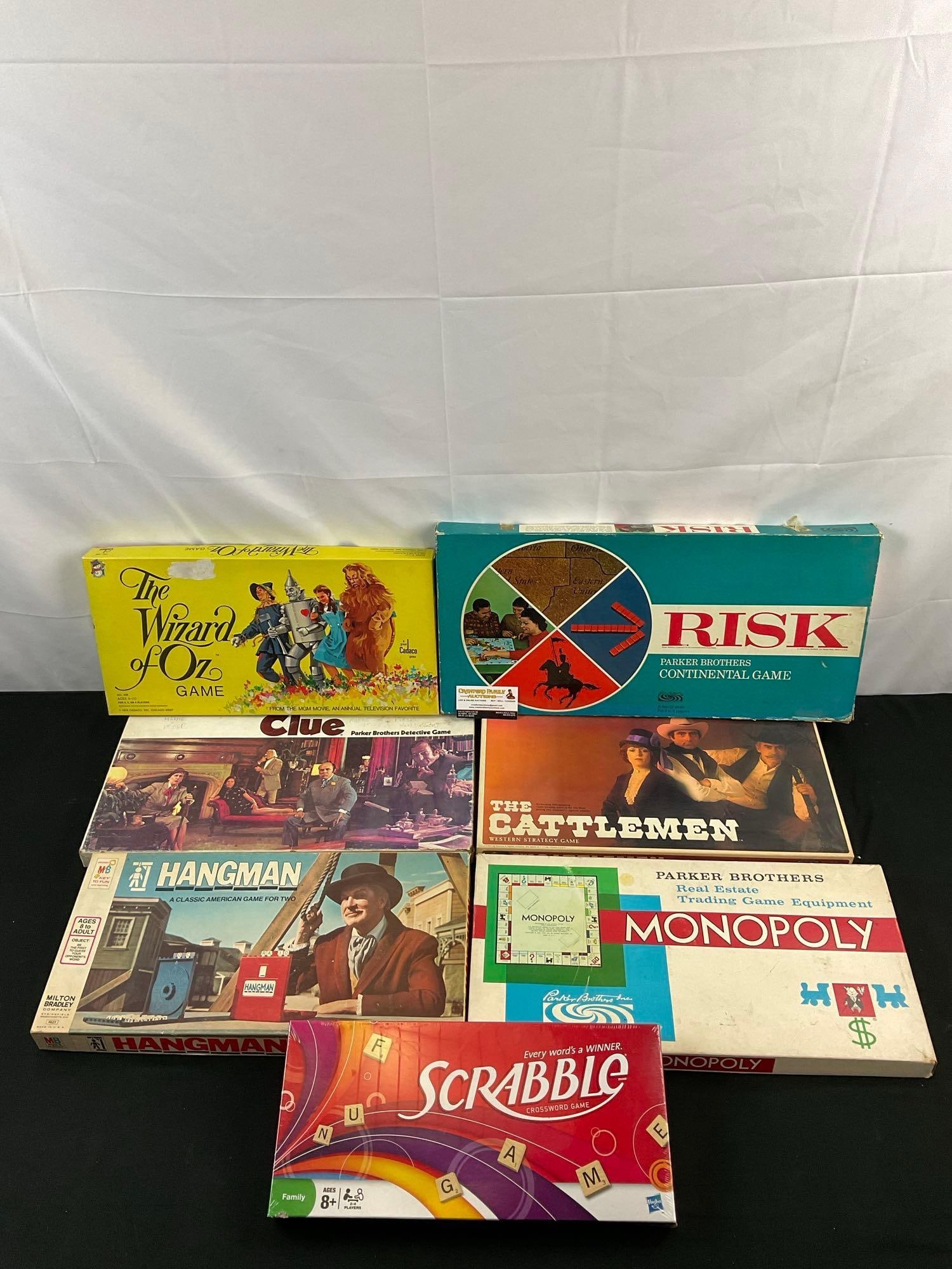 7 pcs Board Game Collection. Scrabble NIB. Vintage Monopoly, Hangman, Risk, Clue & More. See pics. (1 of 10)