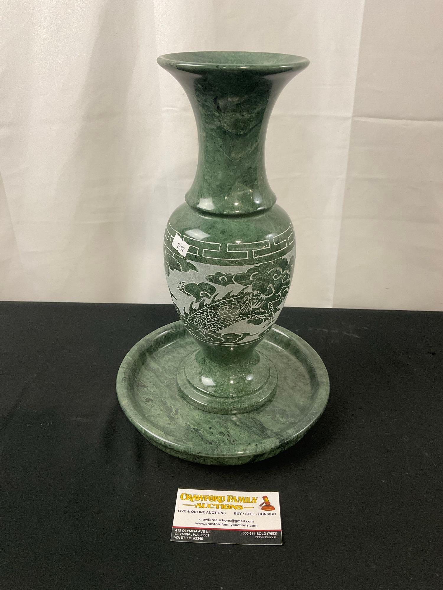 Vintage Chinese Green Marble Vase w/ Dragon in the Clouds Design & Plate (1 of 6)