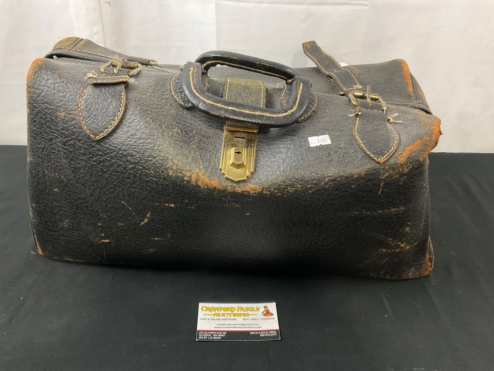 Antique Black Leather Doctors Bag, Folding Top, some wear (1 of 5)