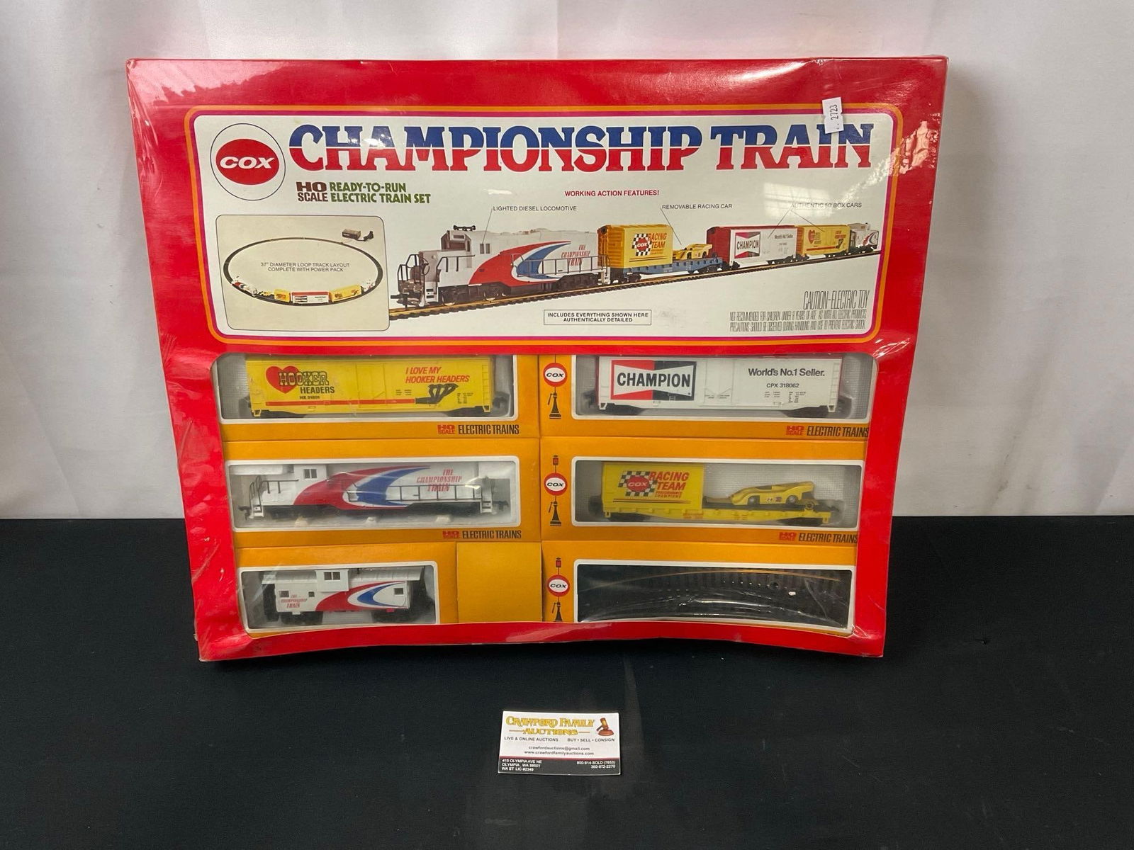 Vintage COX Electric Train Set, Championship Train, still sealed, HO Scale: Appears to be in good shape, still factory sealed. There are a handful of holes in the plastic, seems like the cardboard is still in good shape. Has not been opened. See pics. E-2723