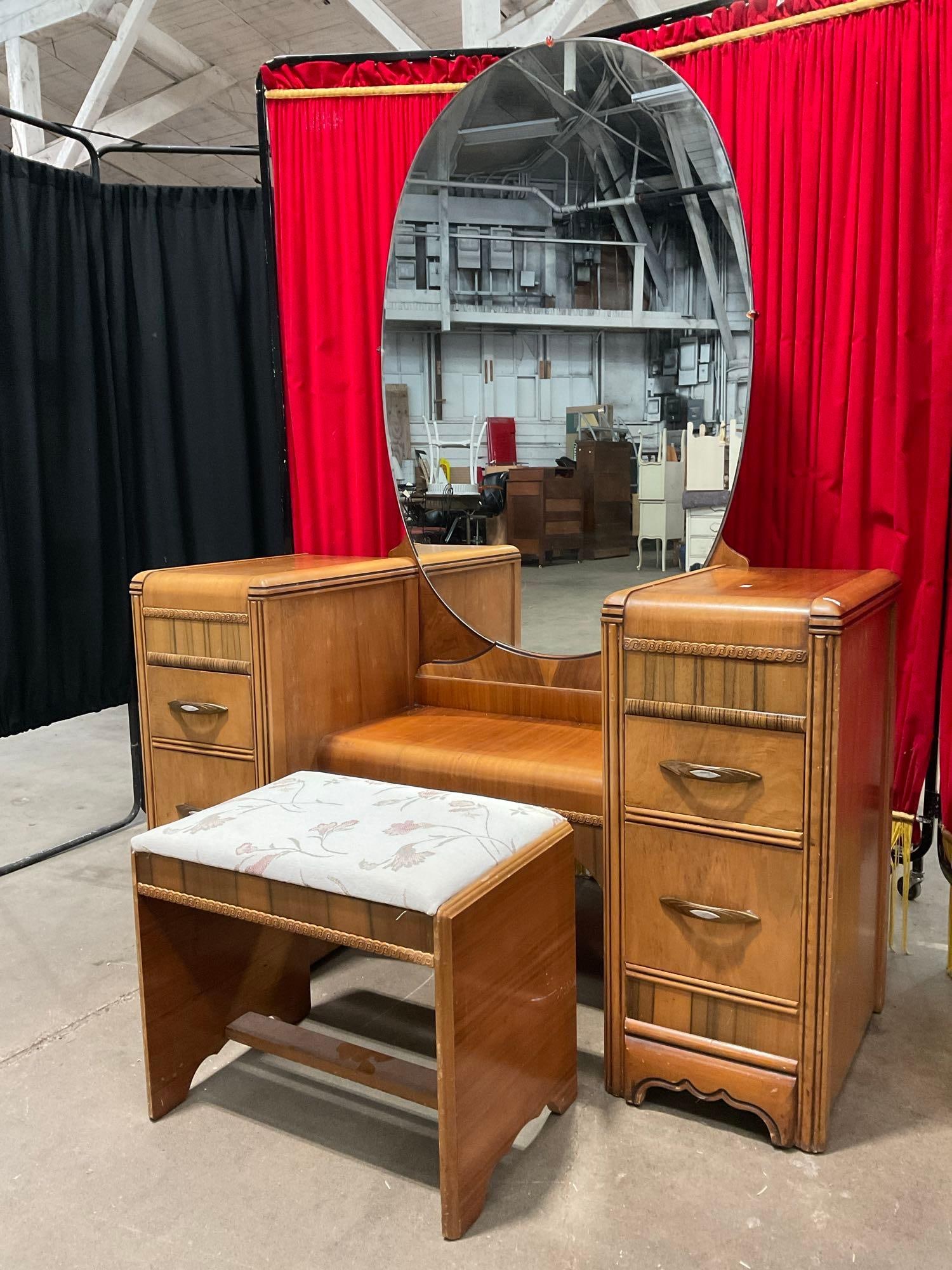 Antique Art Deco Style Oak Vanity Dresser w/ Oval Mirror, Resin Details & Beautiful Woodwork. See (1 of 15)