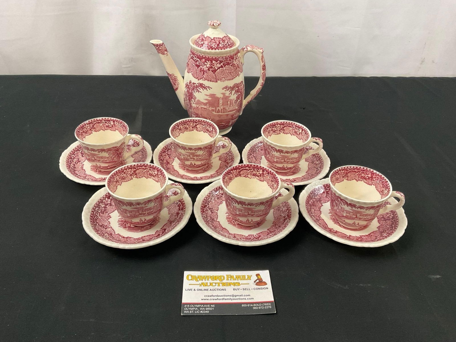 Vintage 1940s Masons Ironstone China Soup Transferware Red Chocolate Set, Pot & 6 Cups w/ 6 Saucers (1 of 6)