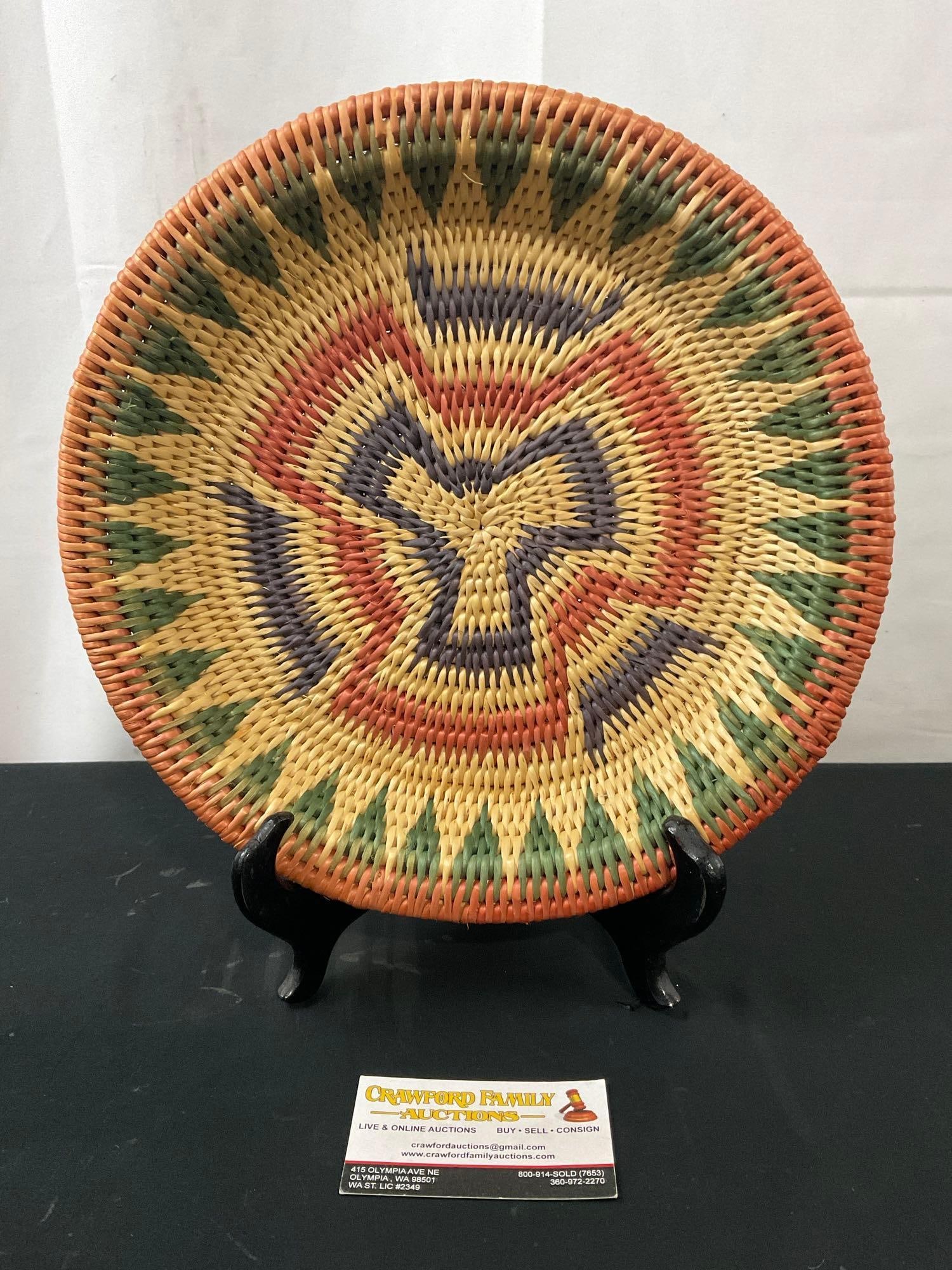 Vintage Colorful Native Alaskan Athabascan Handcrafted Rimmed Dish, Green/Blue/Red (1 of 4)