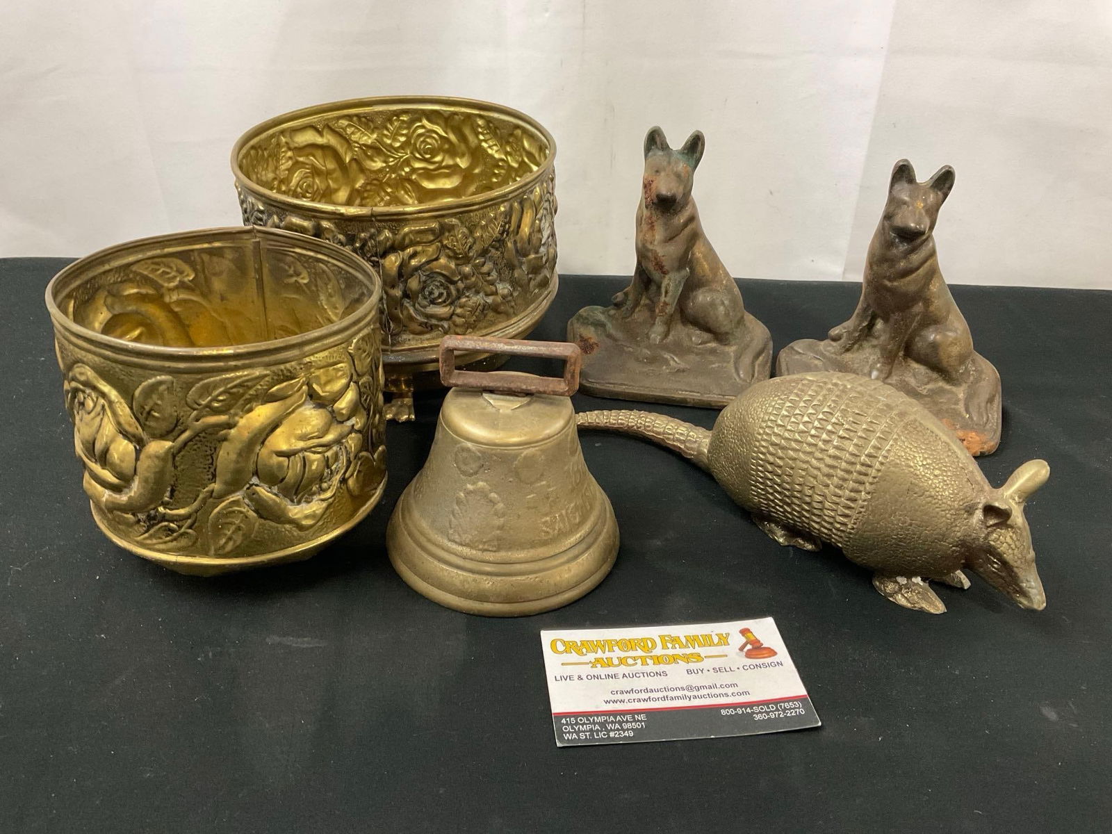 Brass/Bronze Pieces, Pair of Footed Bowls, German Shepherd Bookends, Antique Swiss Bell & Armadillo (1 of 8)