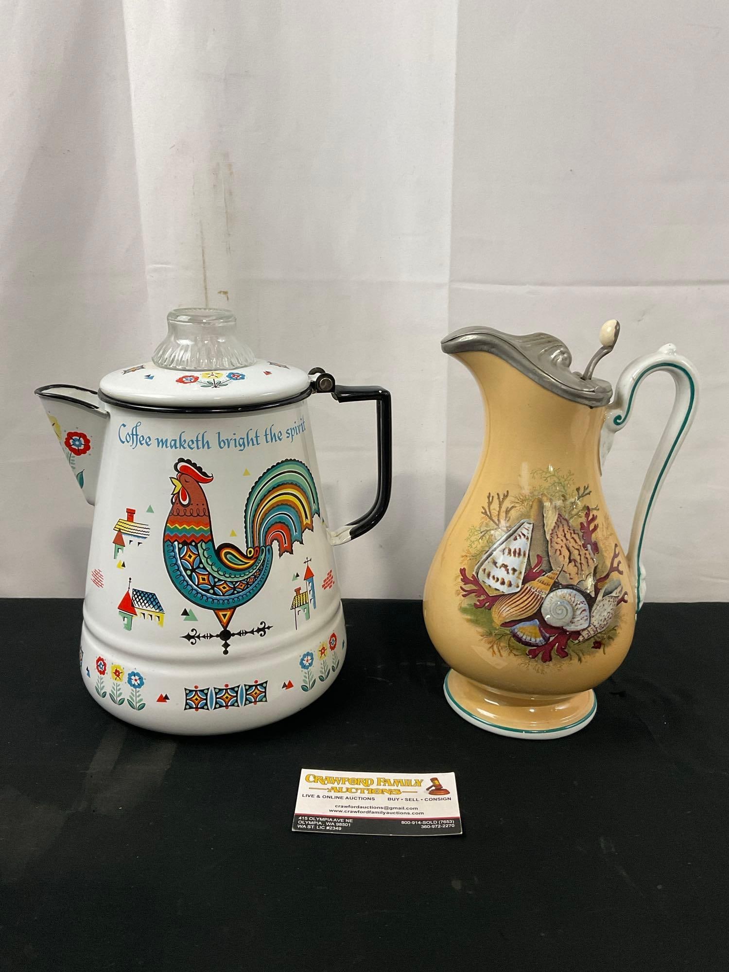 Antique 19th Century Prattware Pottery Jug w/ Lid & Vintage Berggren Enamelware Coffee Percolator (1 of 10)