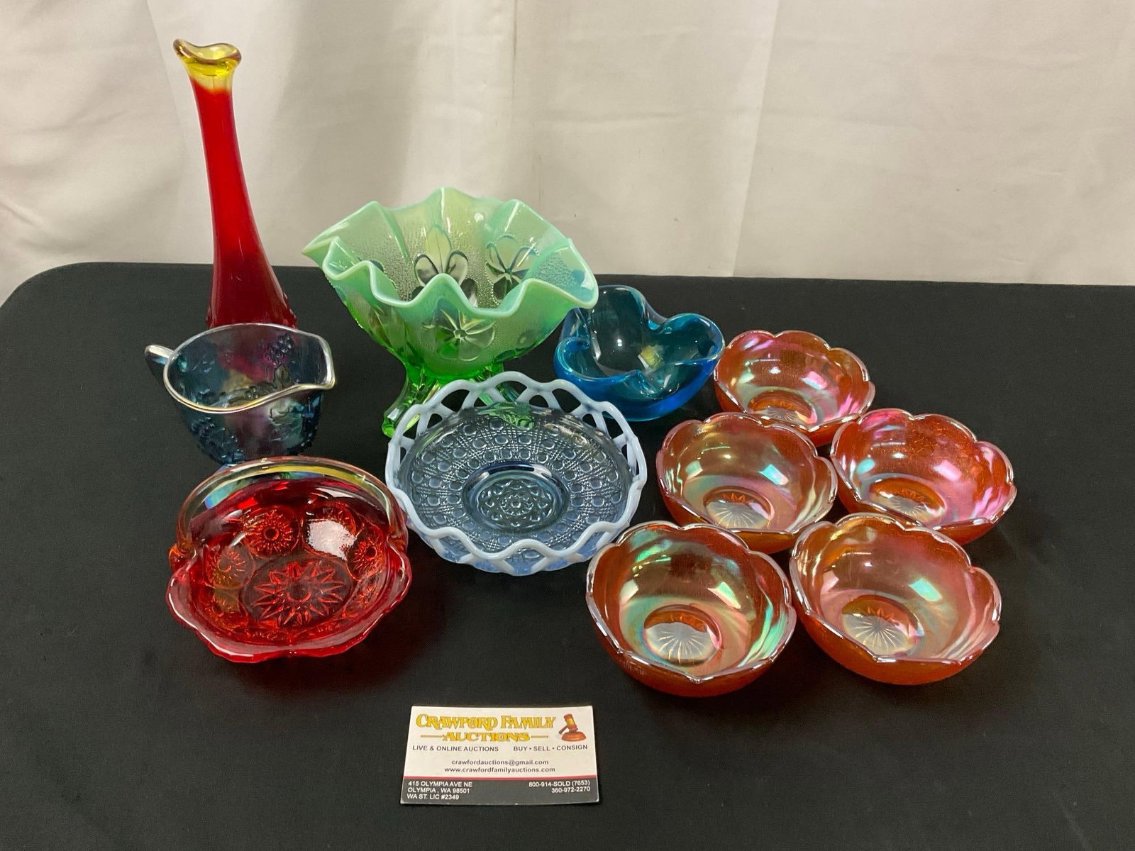 Colorful Selection of Art Glass, Fenton, Imperial & More, Bowls, Bud Vase, Creamer, Basket (1 of 6)