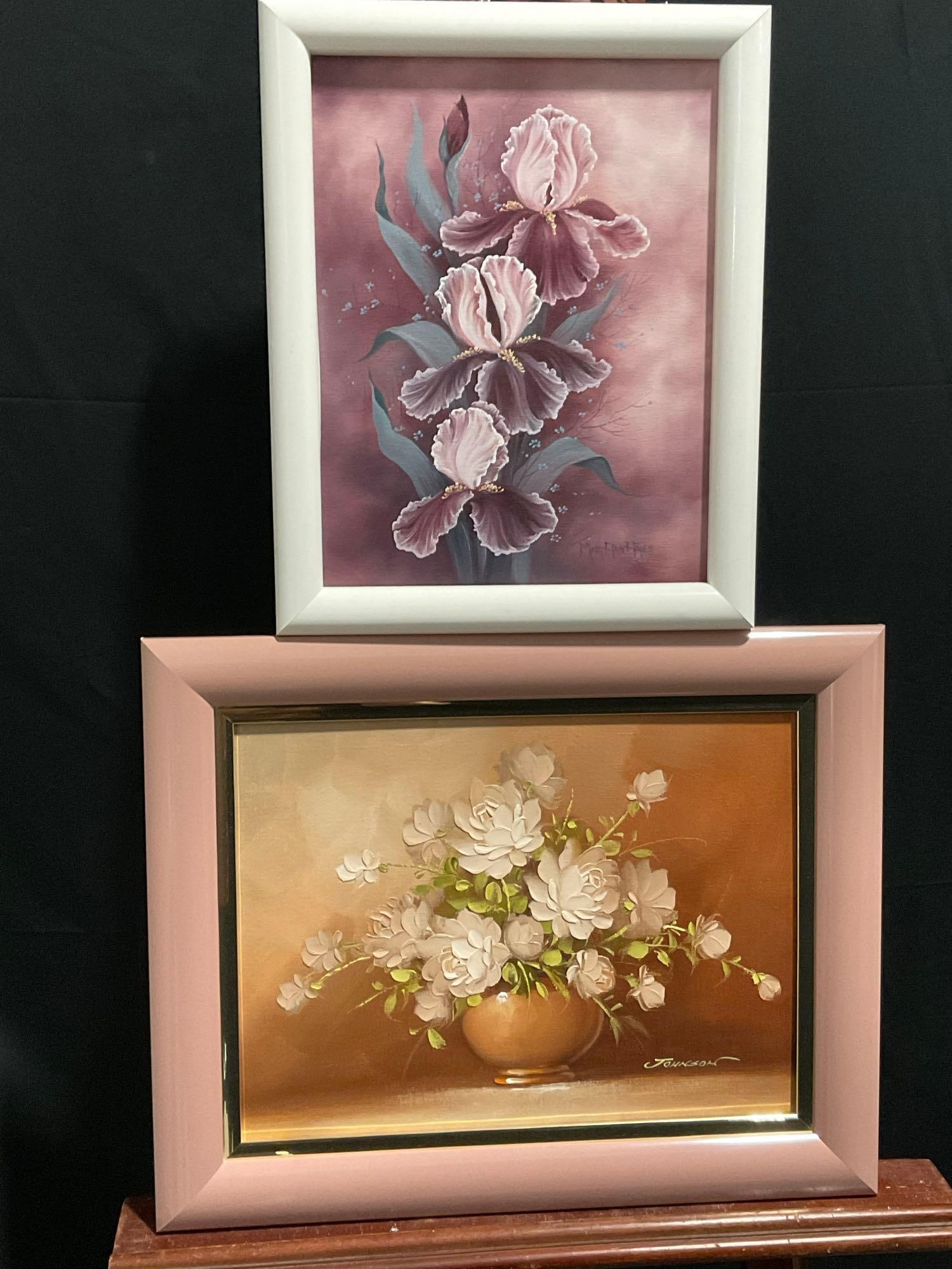 Pair of Oil on Canvas Paintings, Pink Irises by Mary Ann Hayes & White Roses Still Life by Johnson (1 of 7)