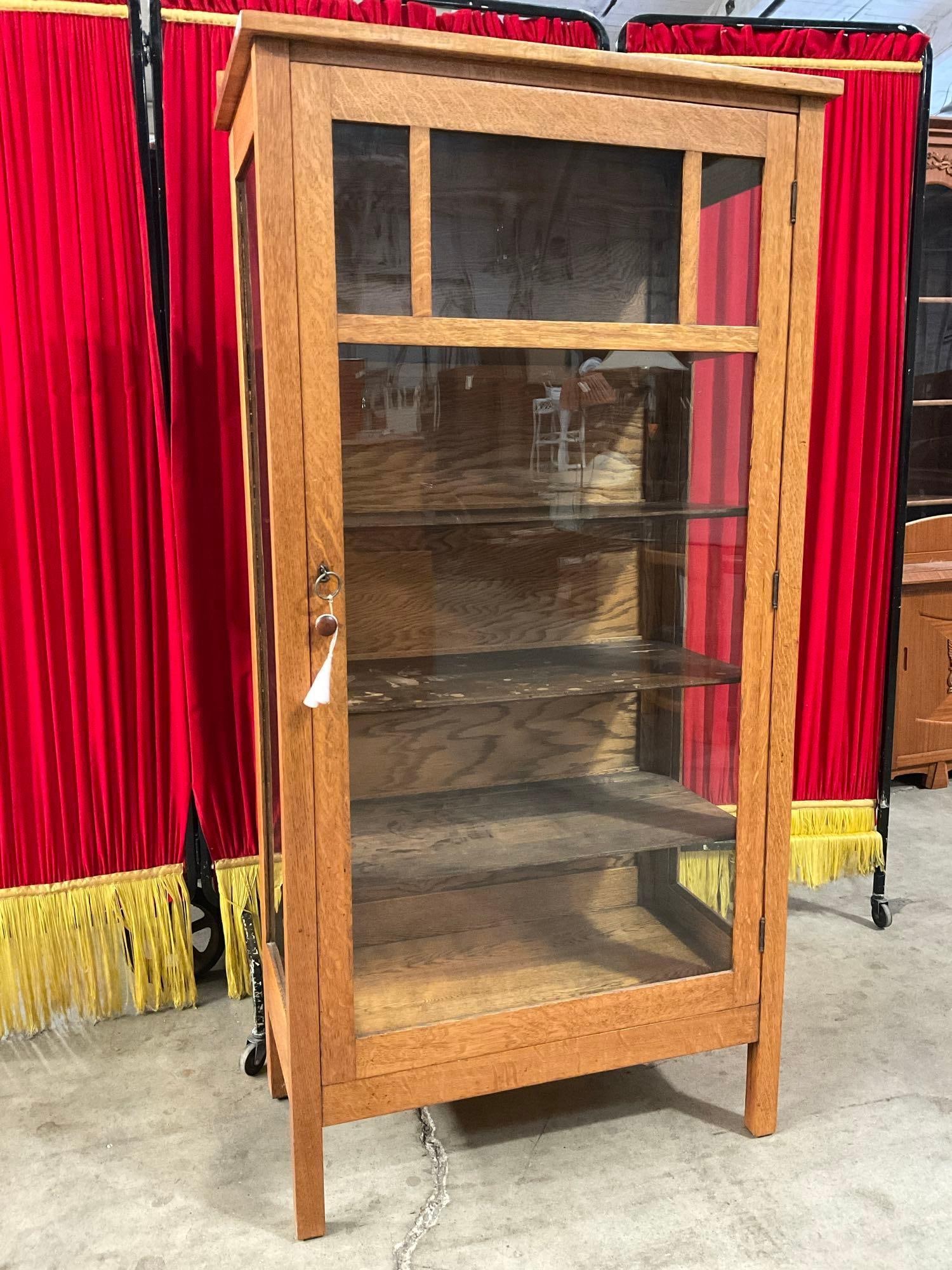 Vintage Glass Fronted Tiger Oak Display Case w/ 4 Shelves. Measures 29" x 14.5" x 59.5" See pics. (1 of 6)