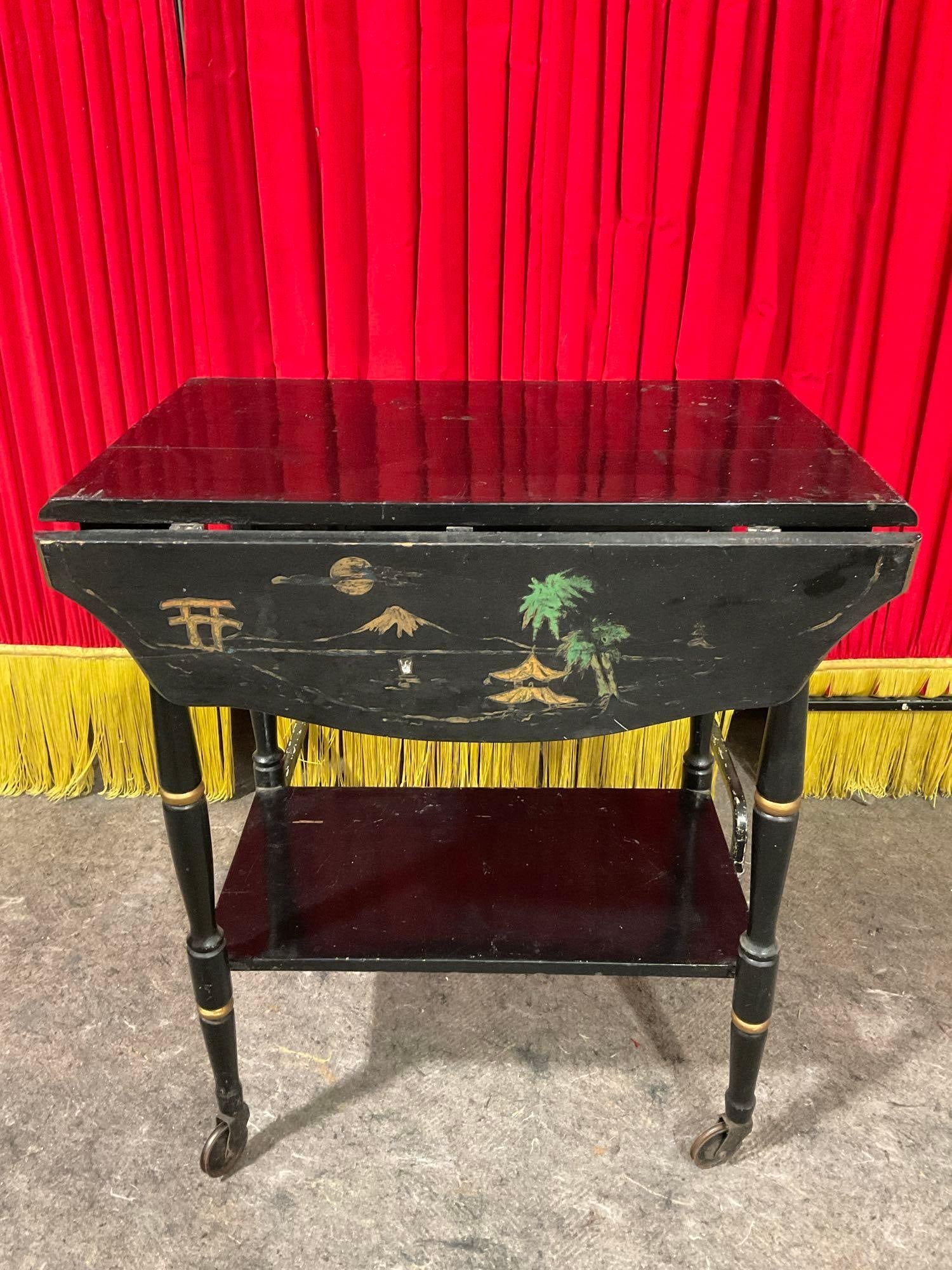 Antique Black Lacquered 2-Tier Drop Leaf Wooden Tea Cart w/ Hand Painted Japanese Coast. See pics. (1 of 8)
