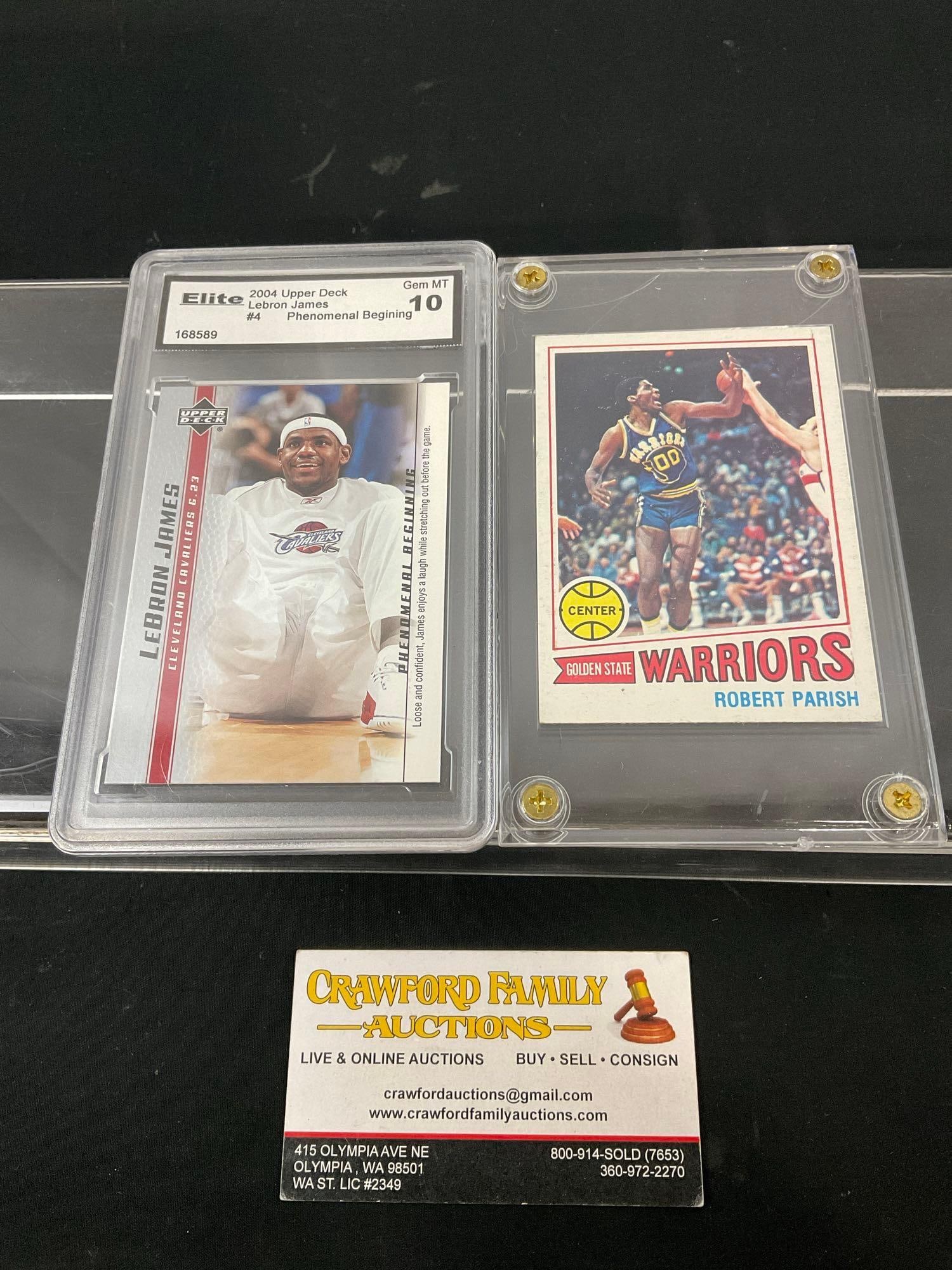 2x Baseball Cards, 1977 Robert Parrish Golden State Warriors Rookie & Graded 10 LeBron James 2004...: Upper Deck Phenomenal Beginning, #4 Cleveland Cavaliers. Appears to be in fair to good shape. The piece is in a plastic protector. See pics. E-2504