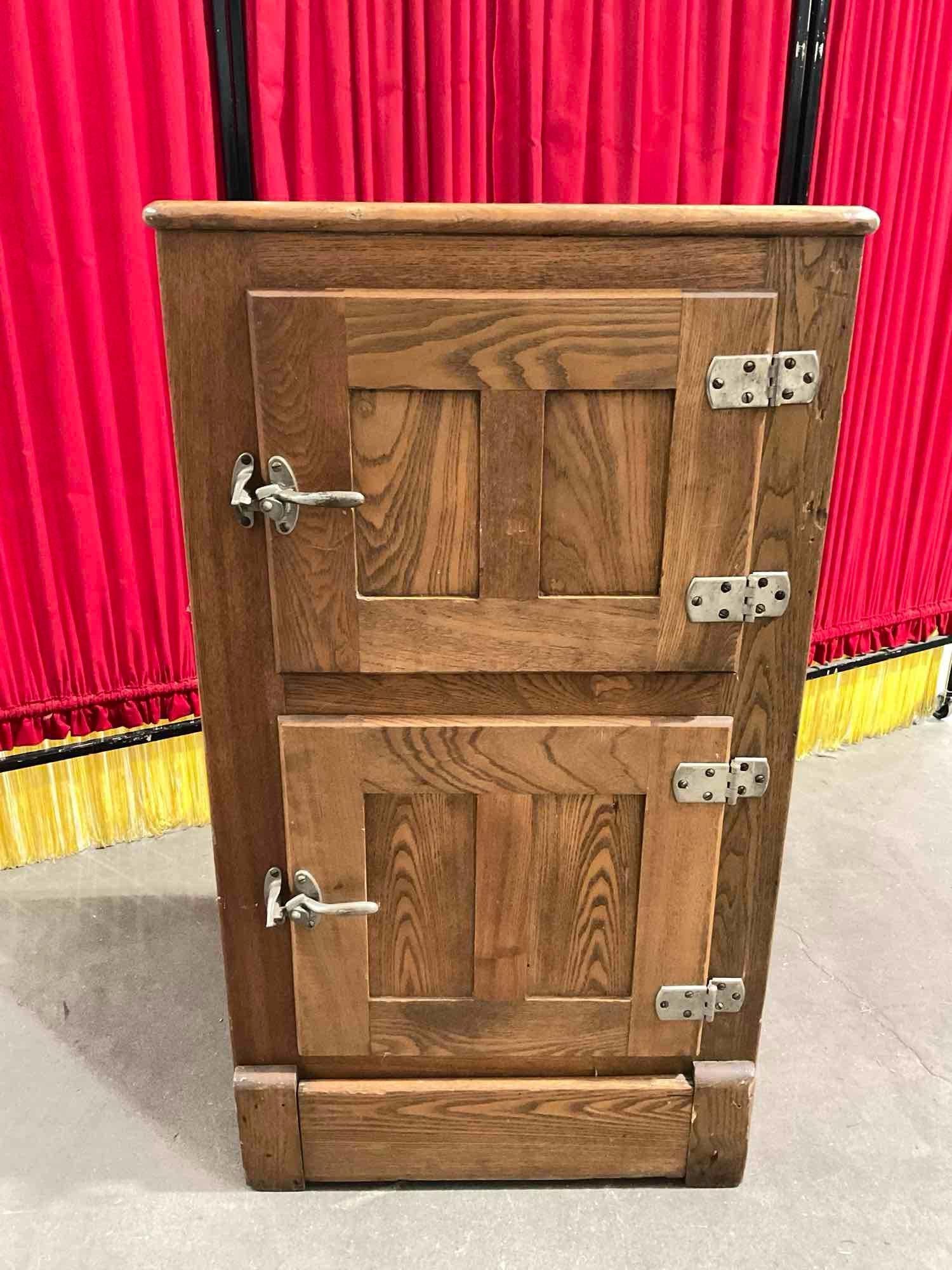 Antique Tiger Oak Ice Box Wooden Food Cooler Refrigerator w/ 2 Latching Cupboards. See pics. (1 of 8)