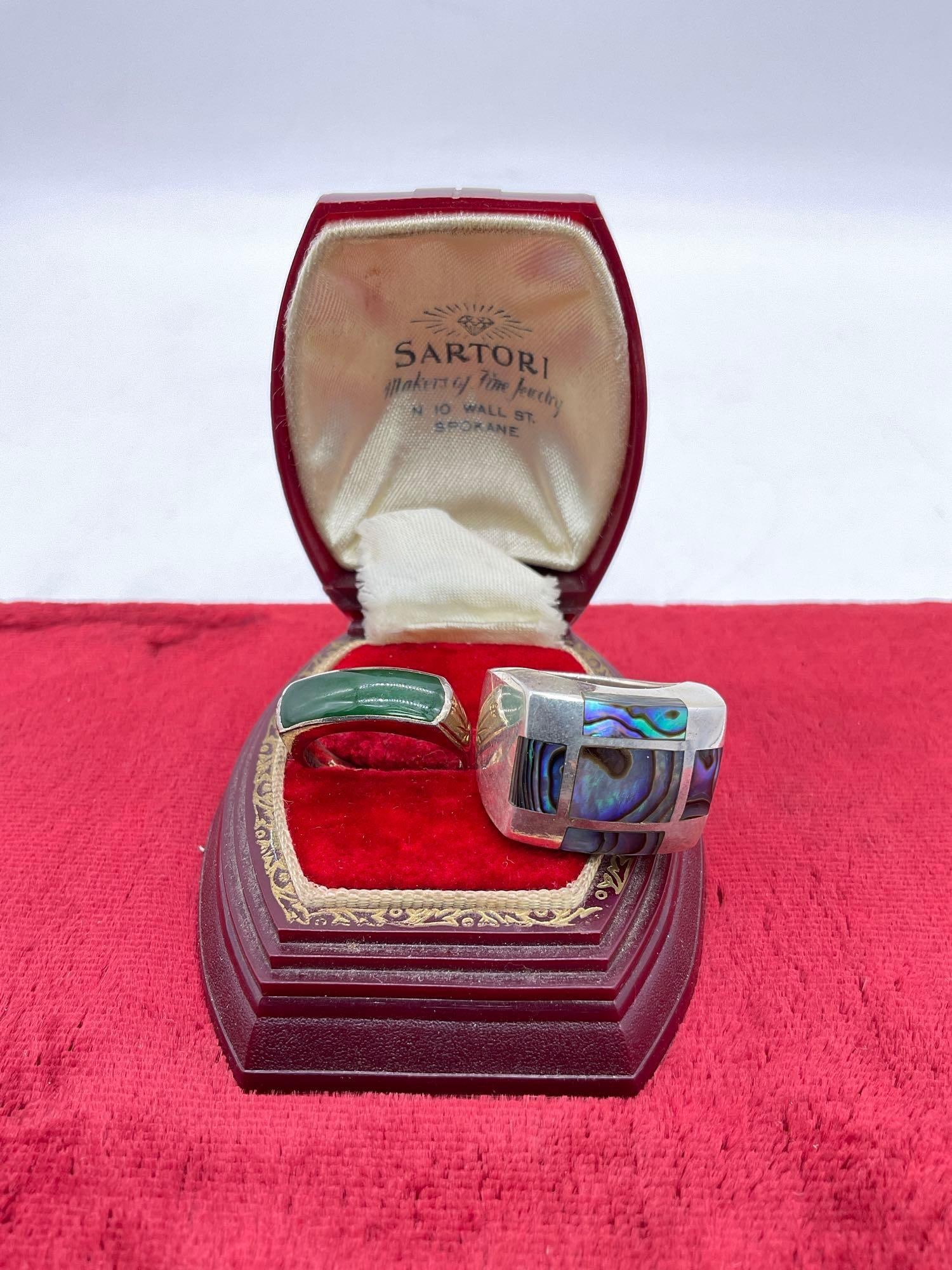 Pair of sterling silver .925 rings - Sz 6 Jade ring w/ flower detail & Abalone cocktail ring sz 9 (1 of 3)