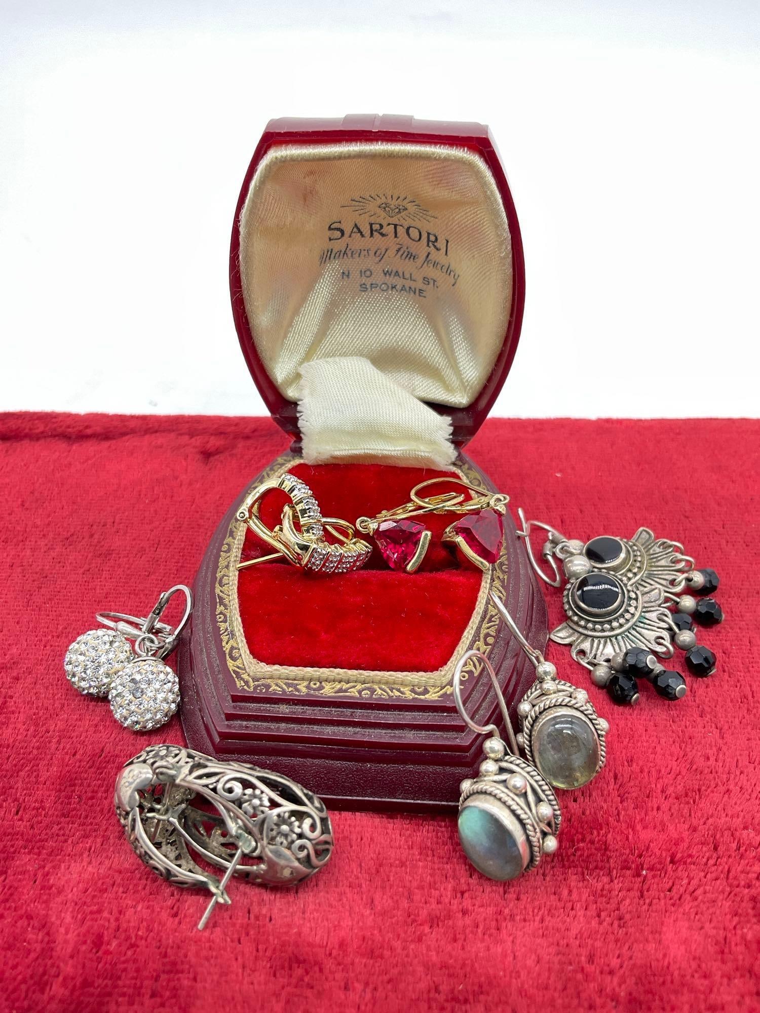 6 pairs of sterling silver womens earrings in various styles incl. rhinestone, vermeil, etc (1 of 3)