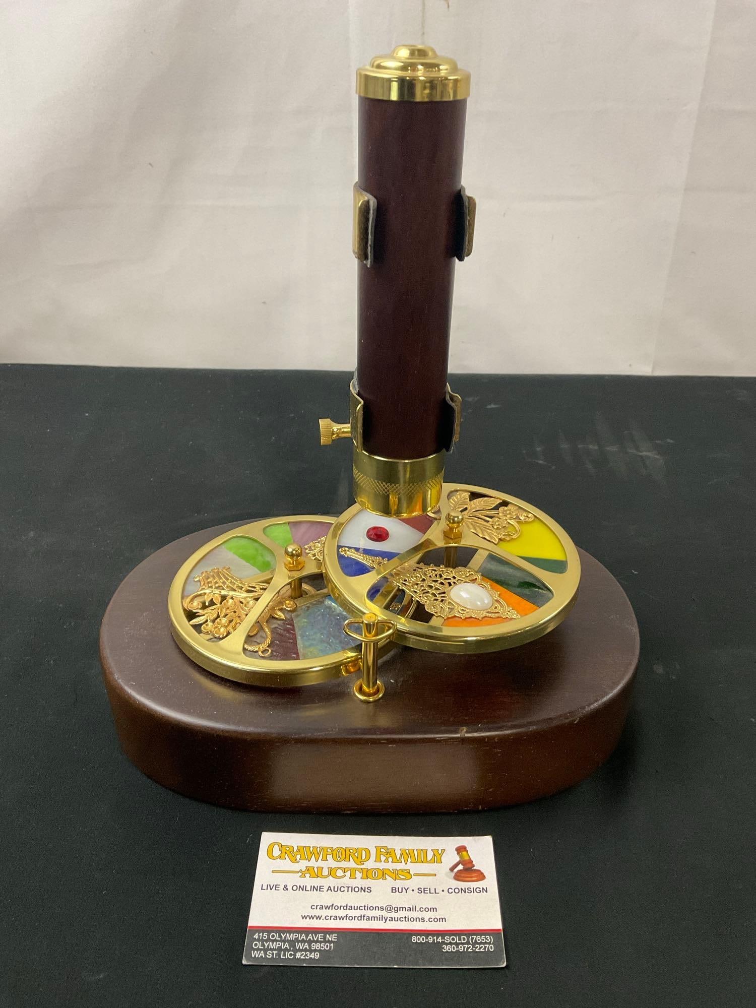 Unique Wood & Brass Kaleidoscope Music Box, Pair of Rotating Discs w/ Colored Glass (1 of 3)