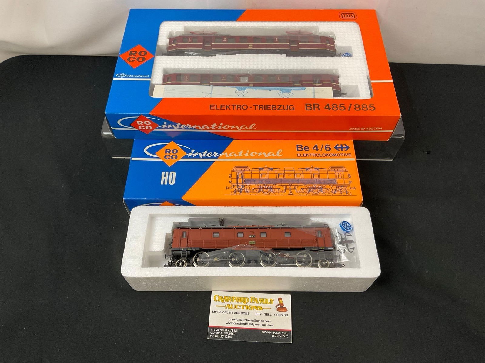 Pair of ROCO H0 Scale Model Trains, Be 4/6 Elektrolokomotive & Elektro-triebzug BR 485/885: Appears to be in good shape. In original packaging, some slight shelf wear. See pics. E-2684
