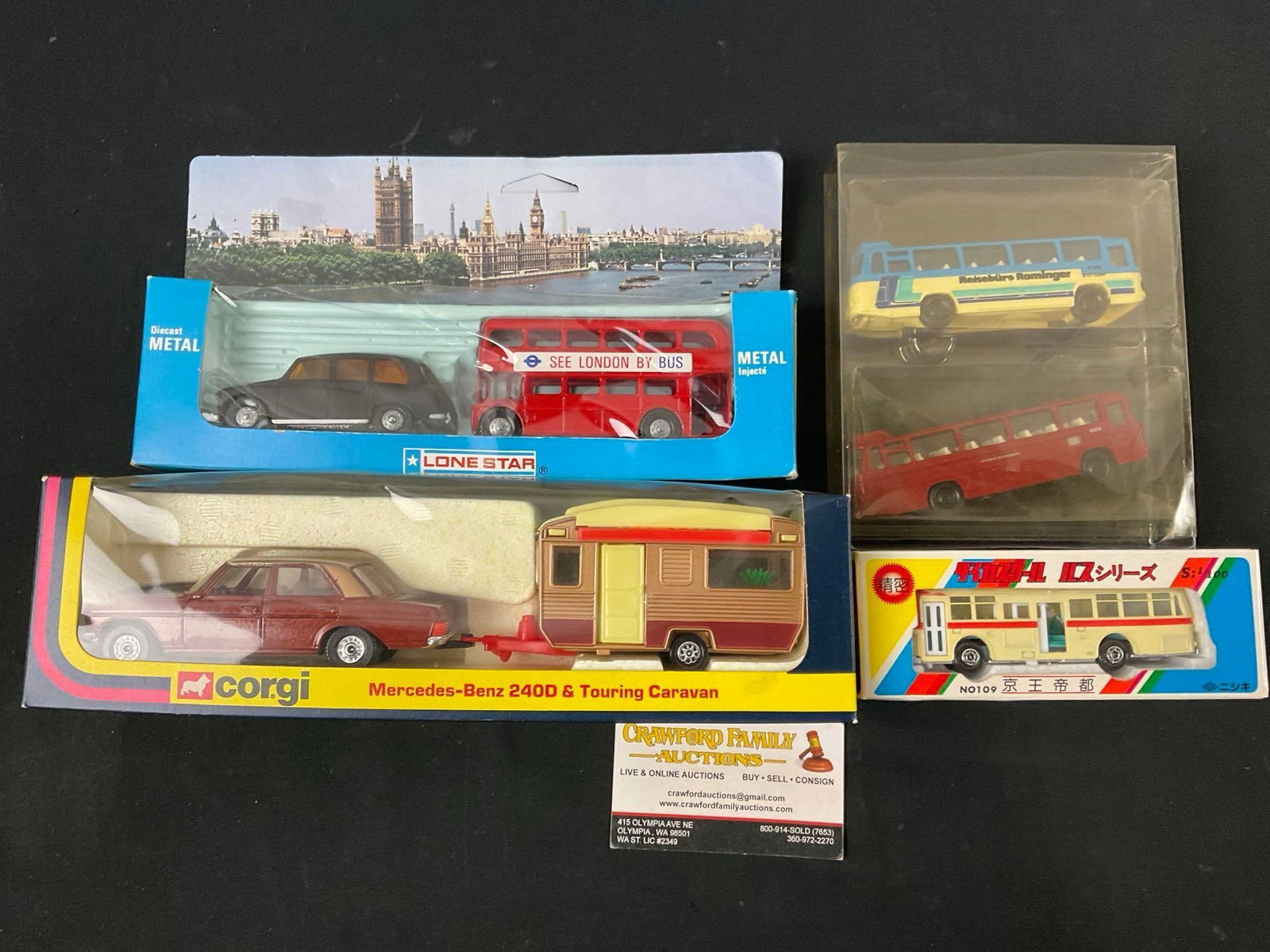 Lone Star London Bus & Taxi, Pair of German Busses, Cor.gi Mercedes-Benz 240D & Caravan & Bus Japan: Appears to be in good shape. In original packaging, some shelf wear. See pics. E-2684