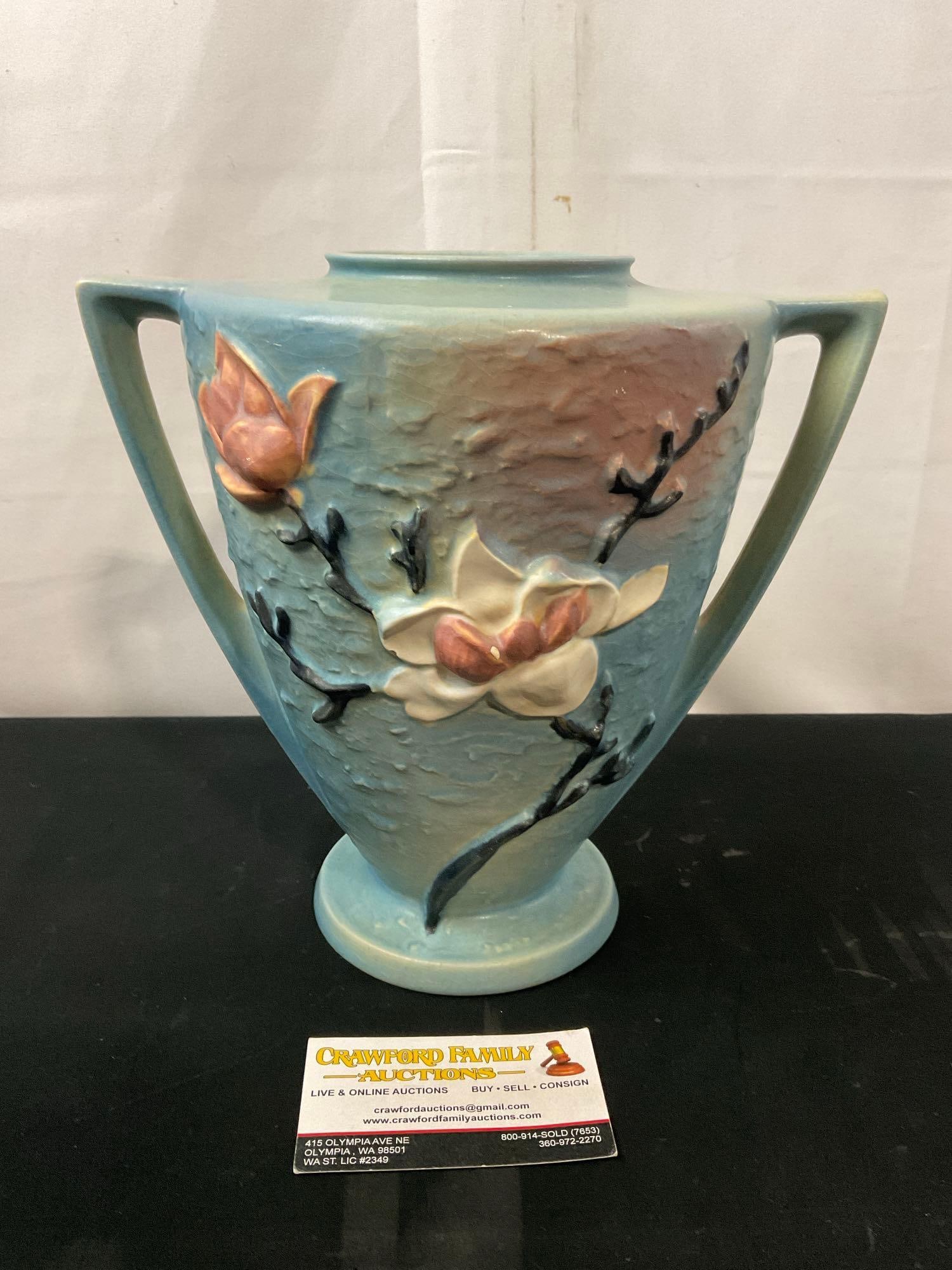 Early 20th Century Roseville Pottery 2 Handled Vase, Shape 94-9, Magnolia Pattern, Blue/Purple body (1 of 5)
