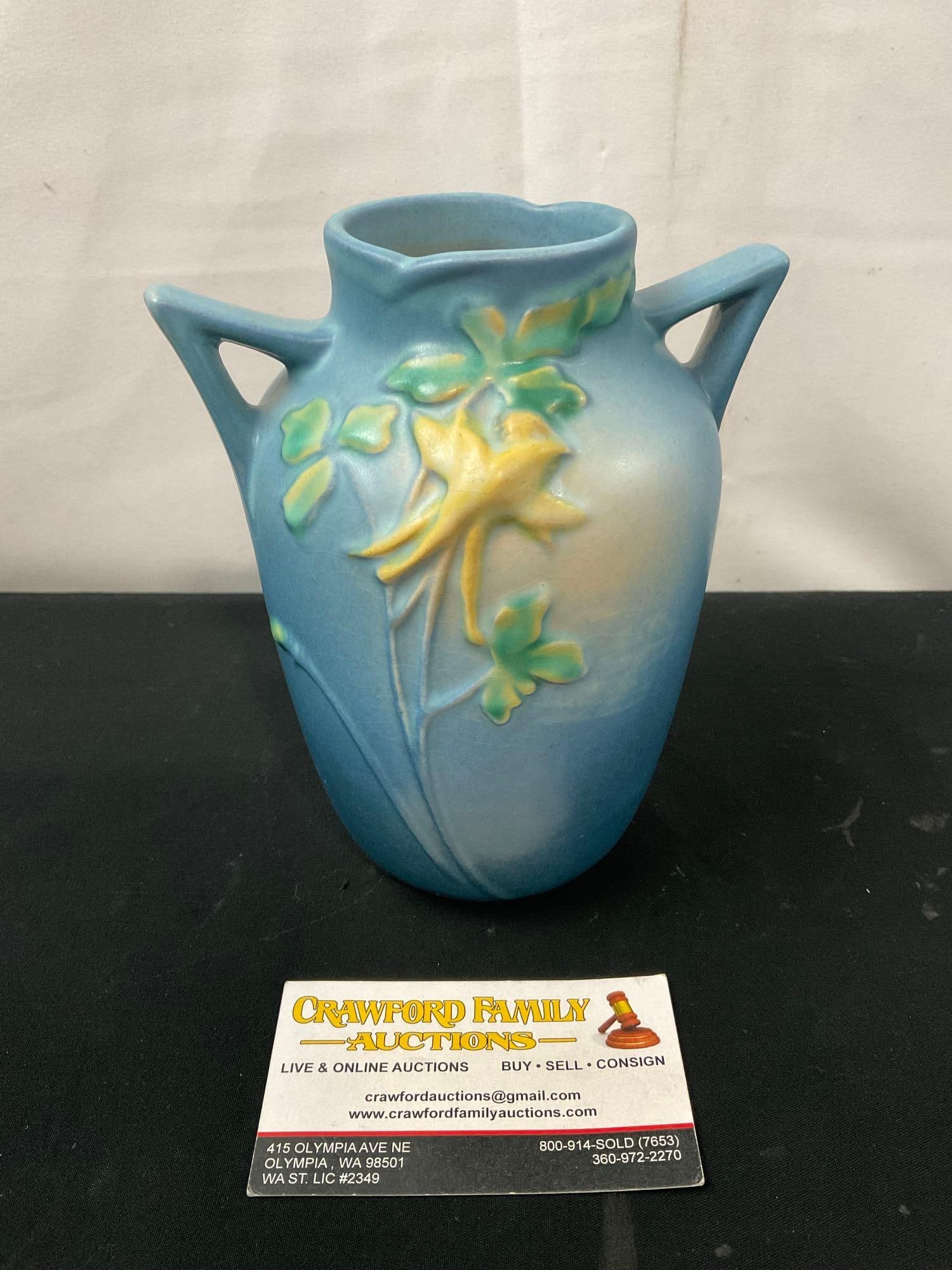 Early 20th Century Roseville Pottery Art Handled Vase, Shape 14-6, Columbine Pattern, Dark Blue b... (1 of 4)