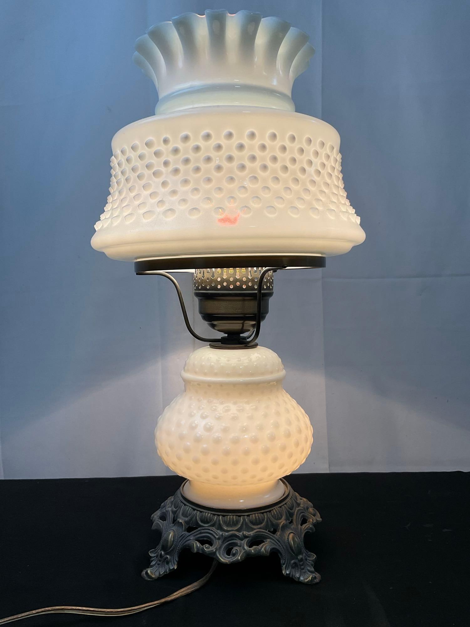 Vintage Hobnail White Milk Glass Hurricane Table Lamp, Electric Conversion, 19 inches tall (1 of 6)
