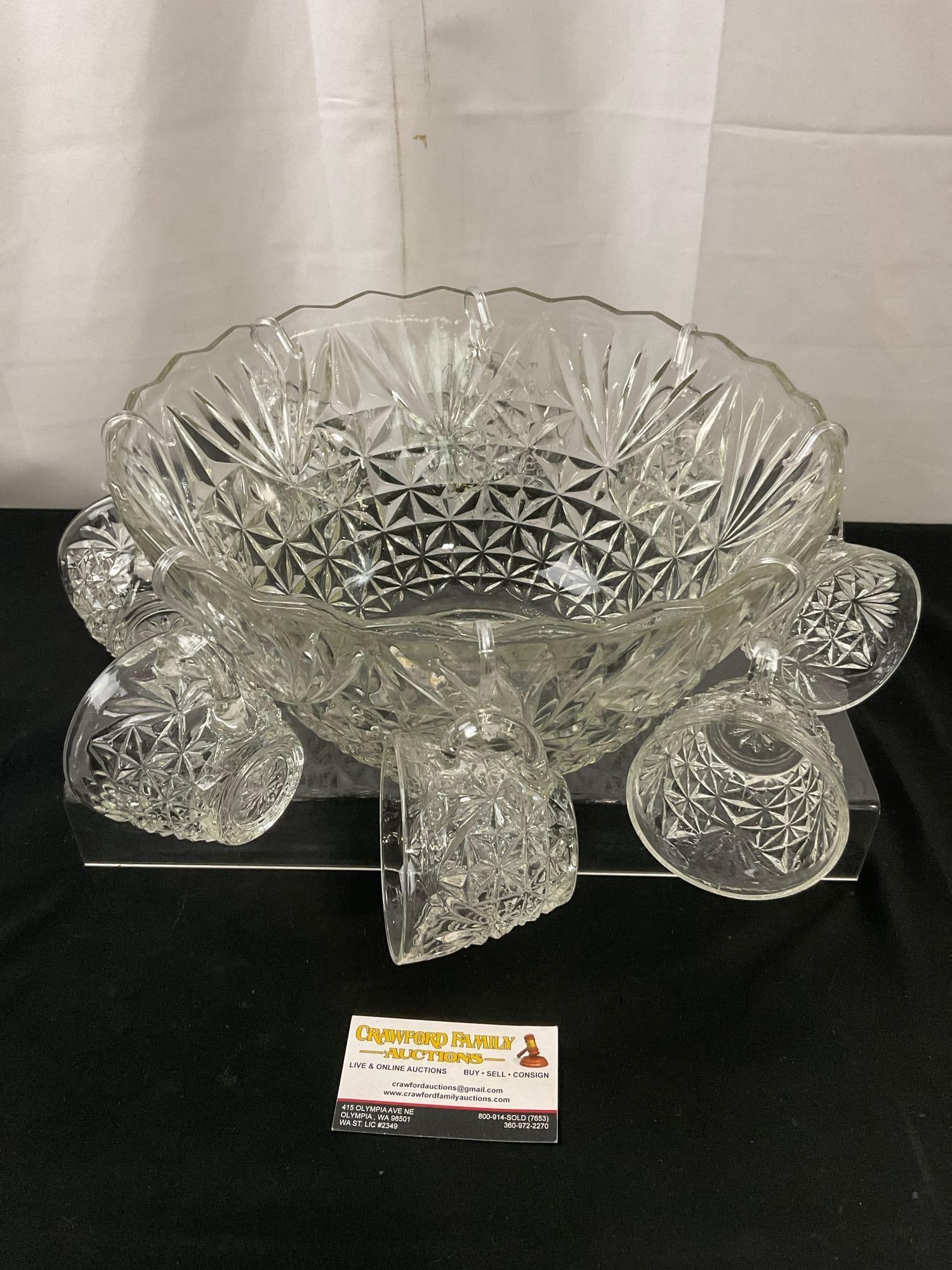 Vintage 1960s Anchor Hocking Arlington Pattern Cut Glass Punch Bowl w/ 8 Glasses (1 of 3)