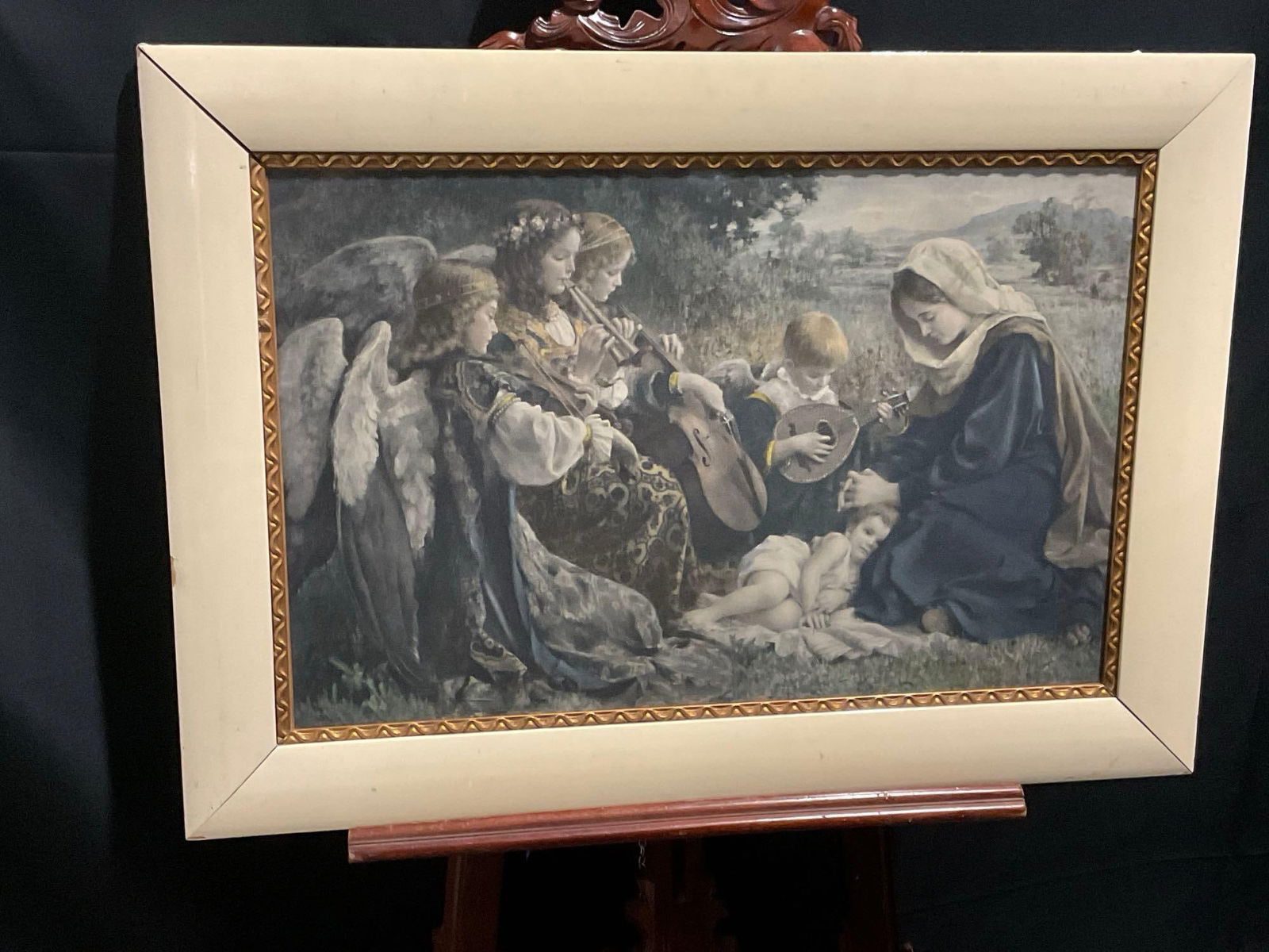 Framed Religious Print, Baby Jesus & Lady Madonna w/ Angels playing music (1 of 6)