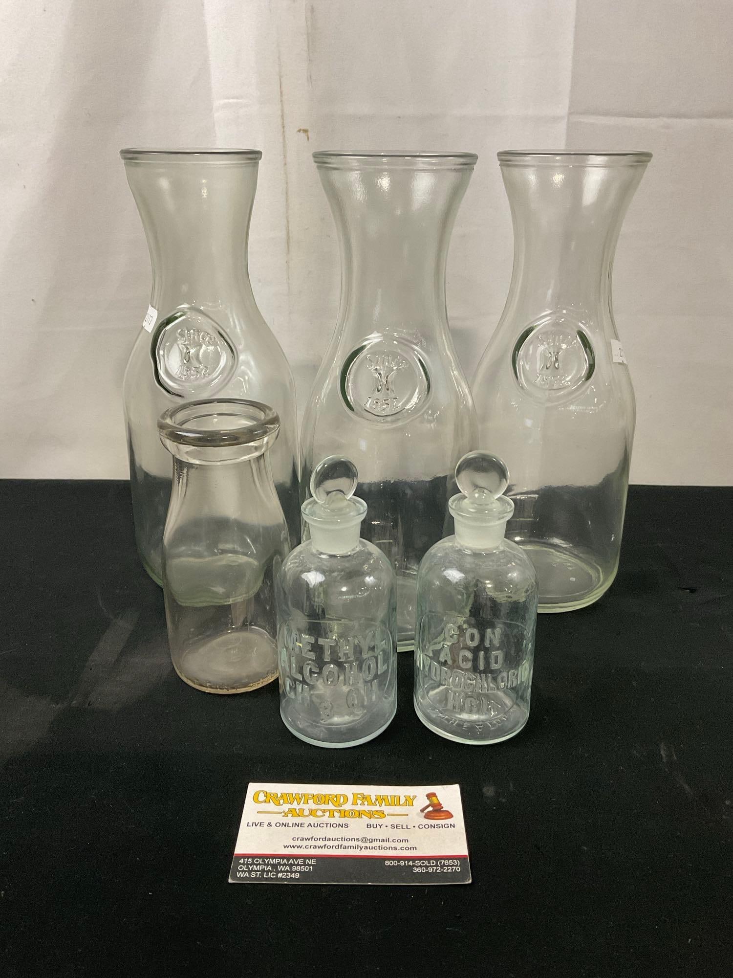 Three Vintage Quart Milk Bottles, One Smaller, Pair of Bottles w/ Stoppers, HCL & Methyl Alcohol (1 of 4)