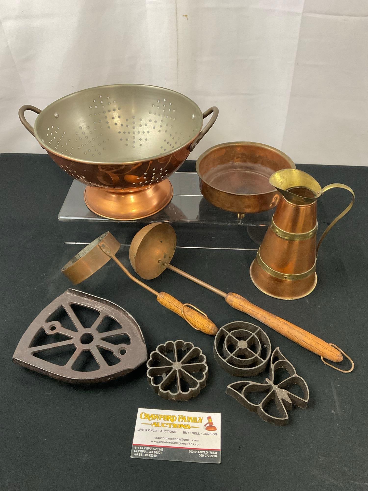 Copper Colander, Pitcher, Footed Dish, Ladle & Circle Form. Cast Iron Trivet, and 3 Cookie Cutters: Appears to be in good shape. The pitcher is by Winward, the dish is Davis, and the others seem to be unmarked. See pics. E-2717
